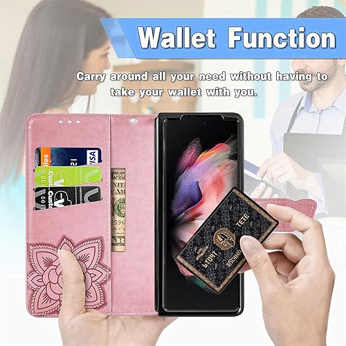 Miniatura 6 de Funda tipo cartera para Samsung Galaxy Z Fold 5 con ranura para tarjetero y función atril, de piel sintética, a prueba de golpes, funda protectora