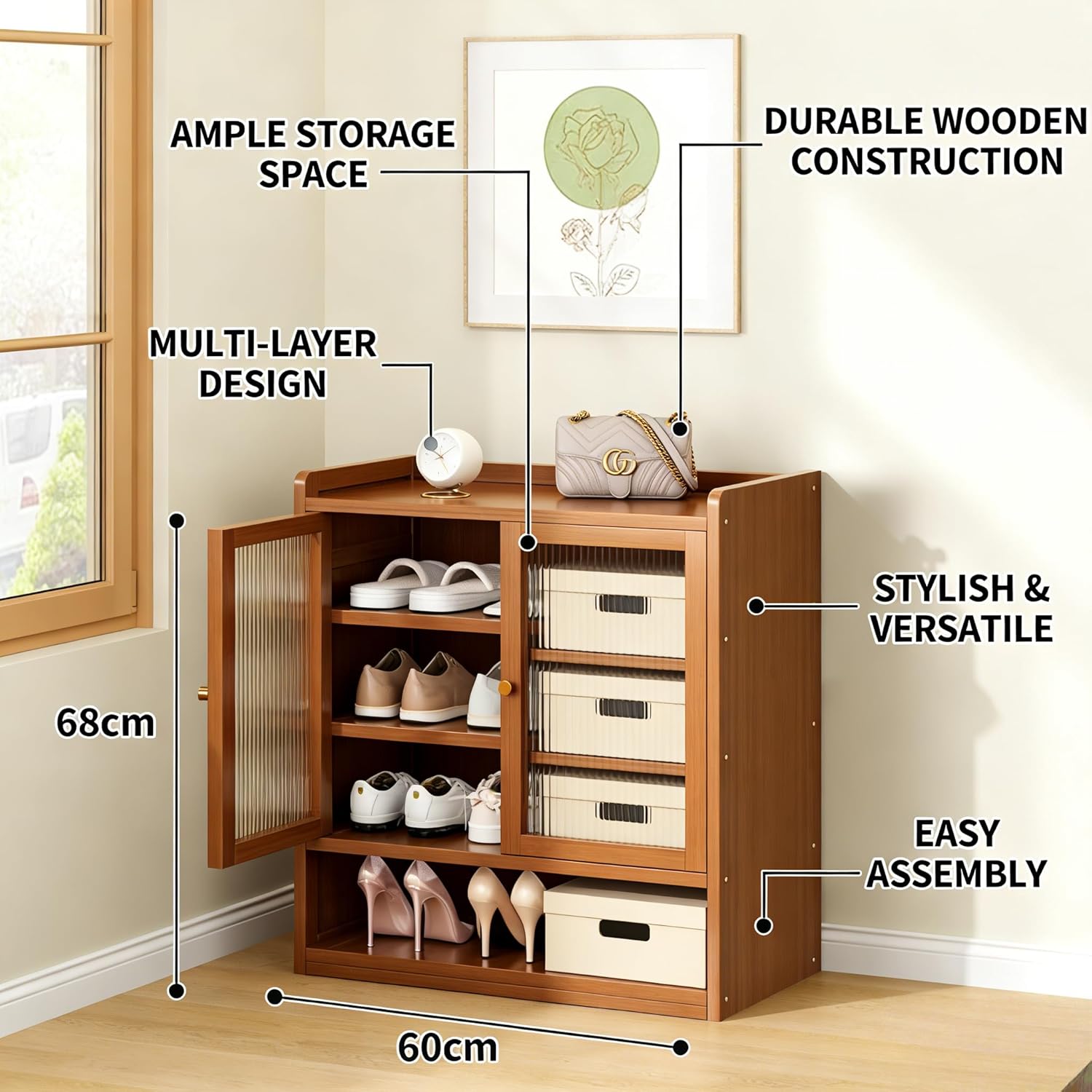 SACSTAR Shoe Cabinet Storage for Entryway - 5-Tier Bamboo Shoe Storage Cabinet with Doors, Freestanding Shoe Rack Cabinet Organizer for Hallway Bedroom (24x13x27 Inch)