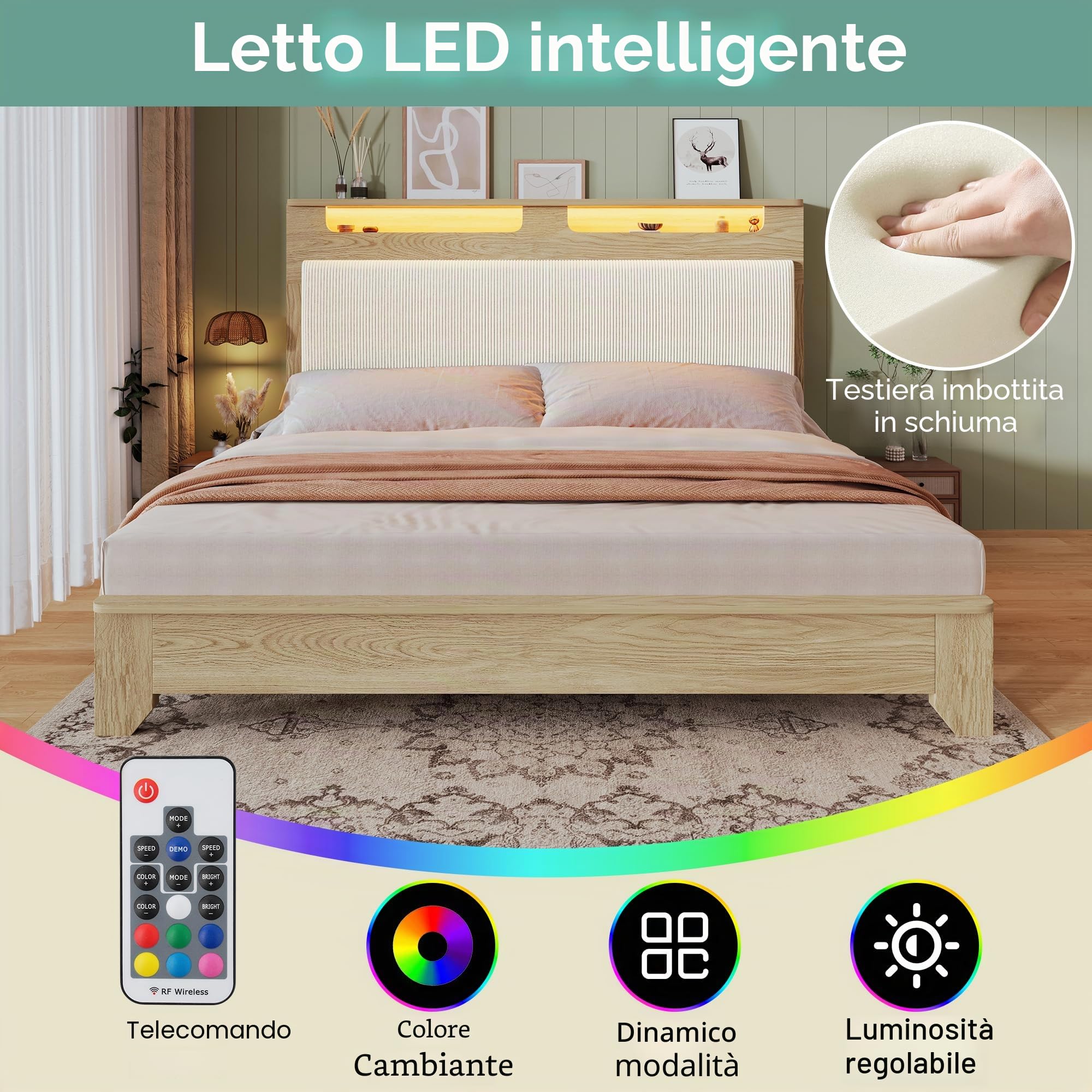 REXO Letto matrimoniale in legno 180×200cm, testiera con vano portaoggetti, illuminazione a LED e schienale imbottito in corda beige, telaio del letto con doghe in legno, rovere chiaro (senza