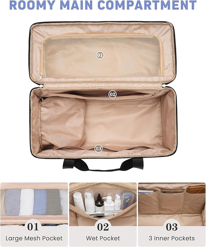 Weekender Travel Duffle Bag for Women: Overnight Bags with Shoe Compartment Carry on Bags for Airplanes with Toiletry Bag Weekend Yoga Gym Bag with Wet Pocket Travel Duffel Tote Bag Hospital Bag Black