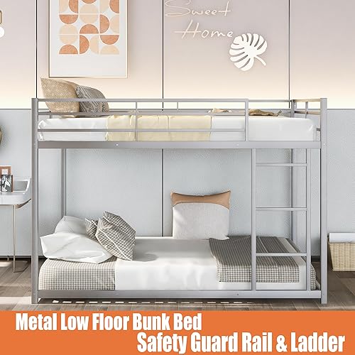 Miniatura 9 de Literas de metal de tamaño matrimonial sobre matrimonial, litera baja de metal con escalera para niños, adolescentes y adultos, marco de cama Negro