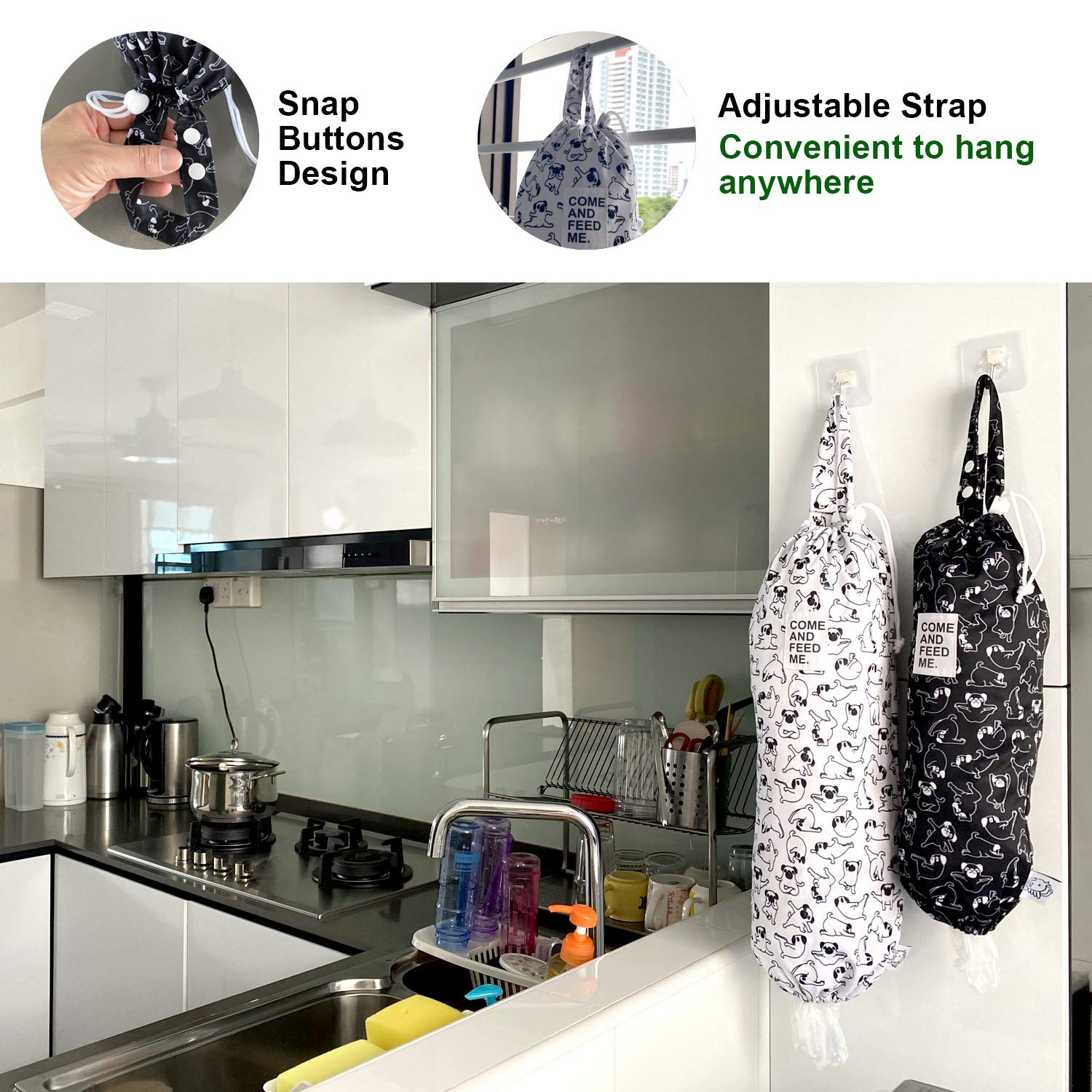 2 soportes de plástico impermeables para bolsas de basura de la compra, organizador de bolsas de almacenamiento de cocina, dispensador de múltiples diseños de perros
