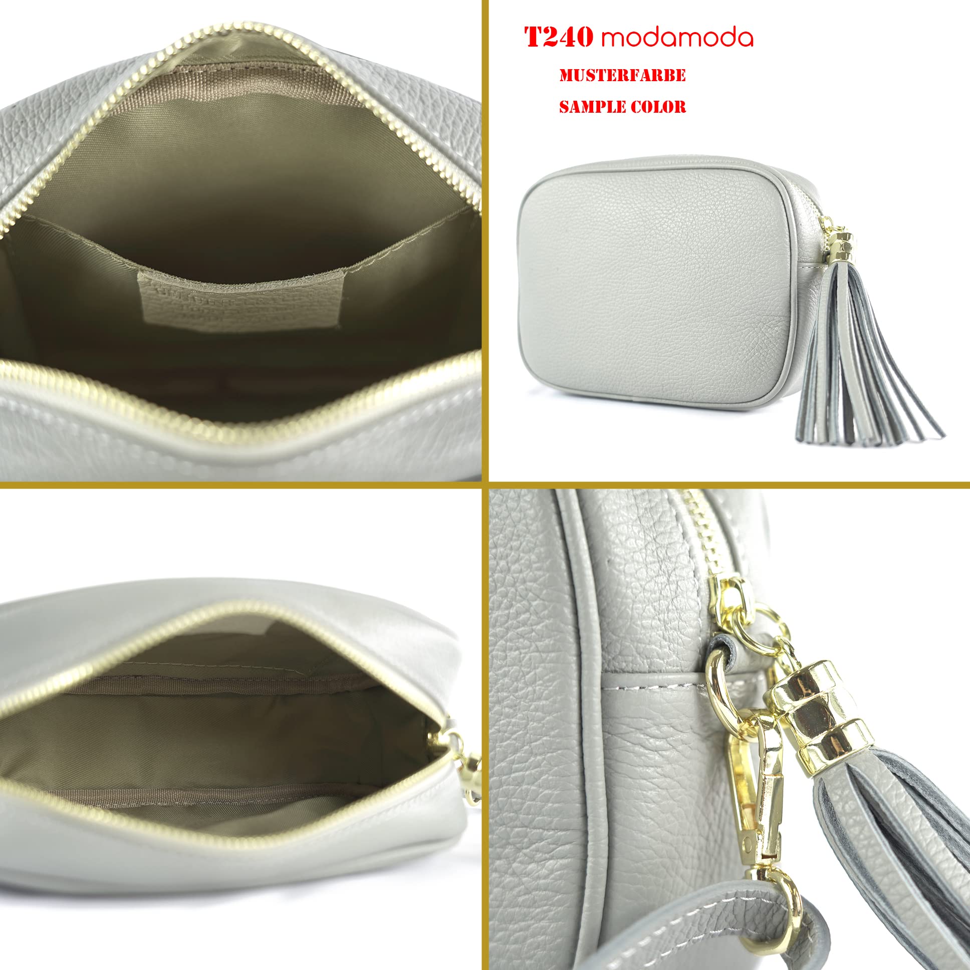 modamoda de - T240 - Bolso bandolera pequeño de piel auténtica italiana, beige, S