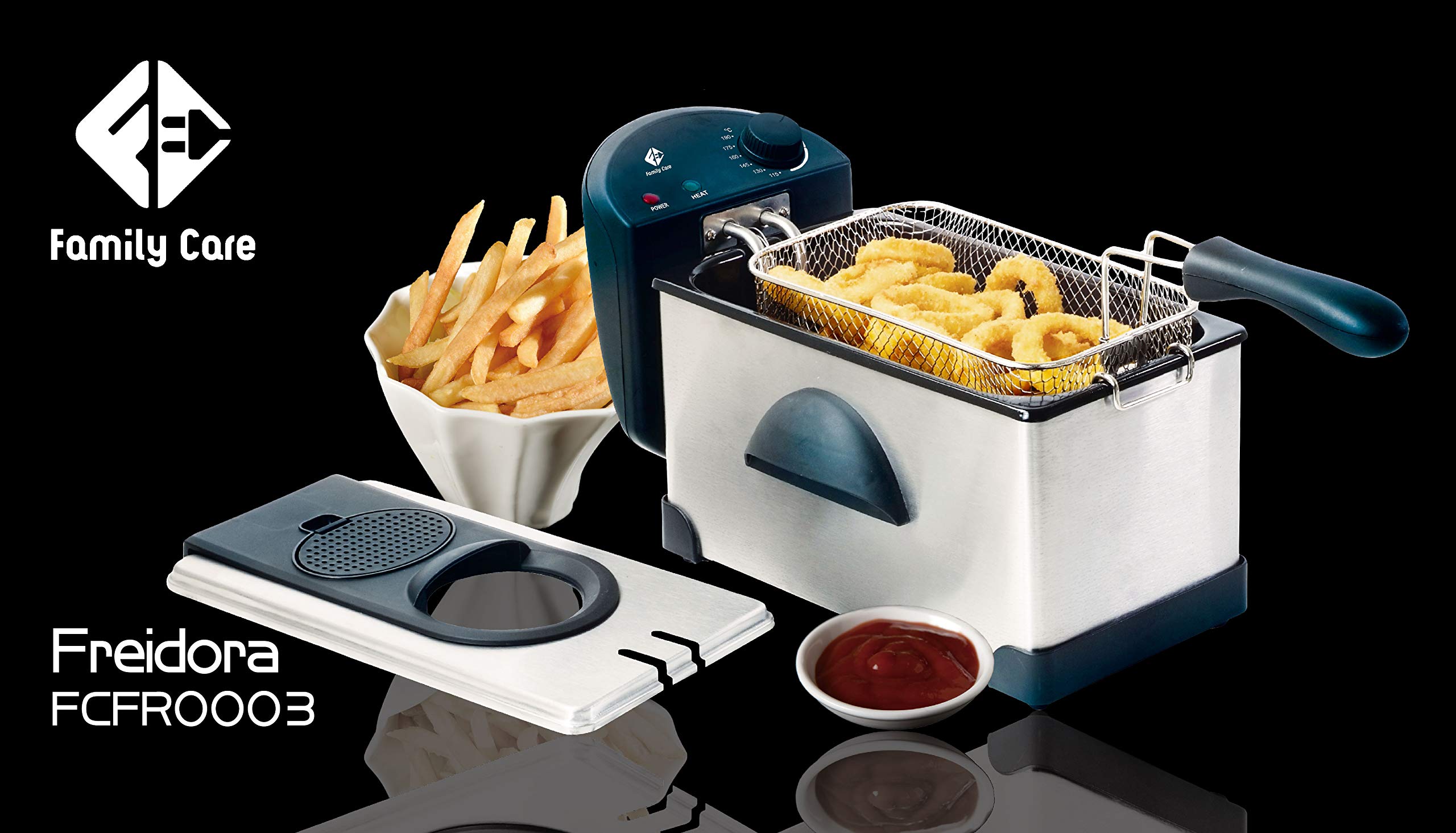 Family Care Freidora, Freidora de 3 Litros, Desmontable, Acero Inoxidable, 2000 W, Termostato Ajustable Hasta 190 ºC, Piezas Fácil de Limpiar