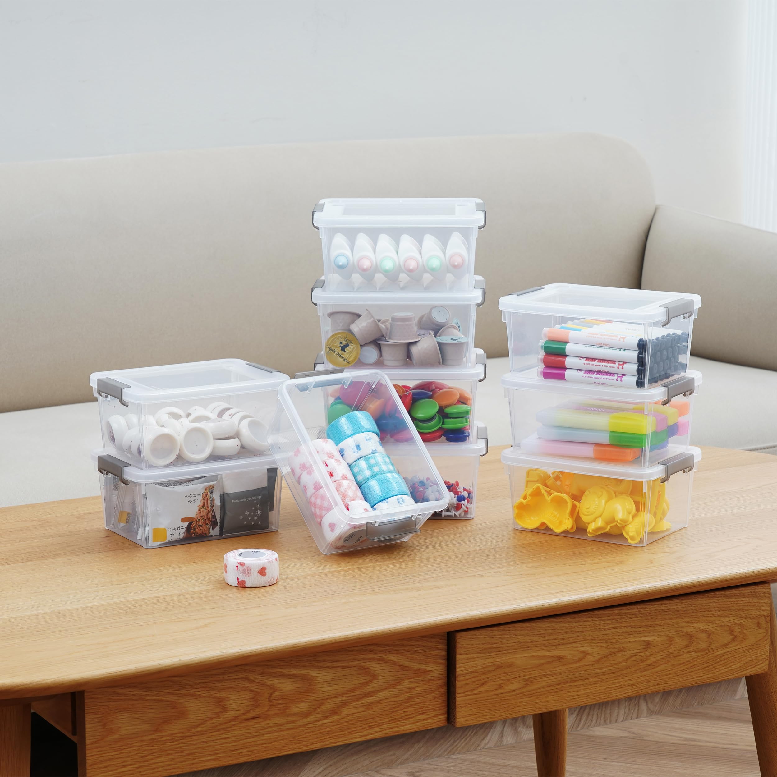 Citylife Juego de 10 pequeñas cajas de almacenamiento de plástico con tapa, 1.25L, Transparente, Apilables, Dormitorio, sala de juegos, Cocina(17.7 x 13 x 8.2 cm)