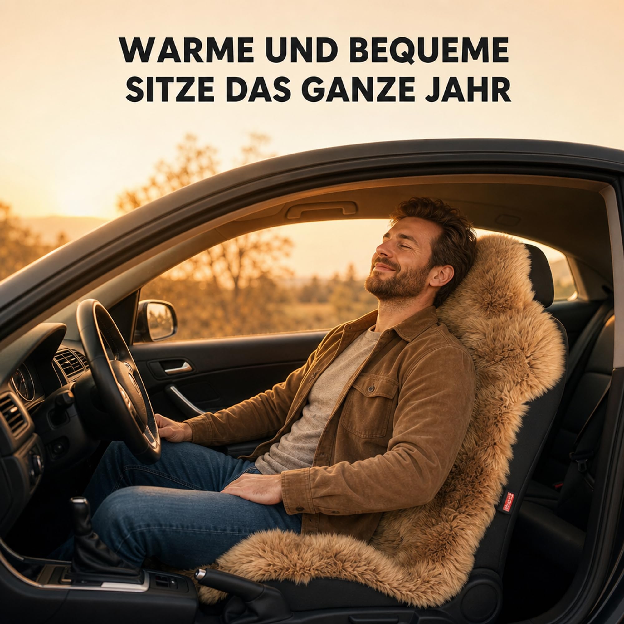 Lammfell Autositzauflage für Ledersitze – wärmend und atmungsaktiv – Naturform langwollig, 115 x 65 cm (Kamel)