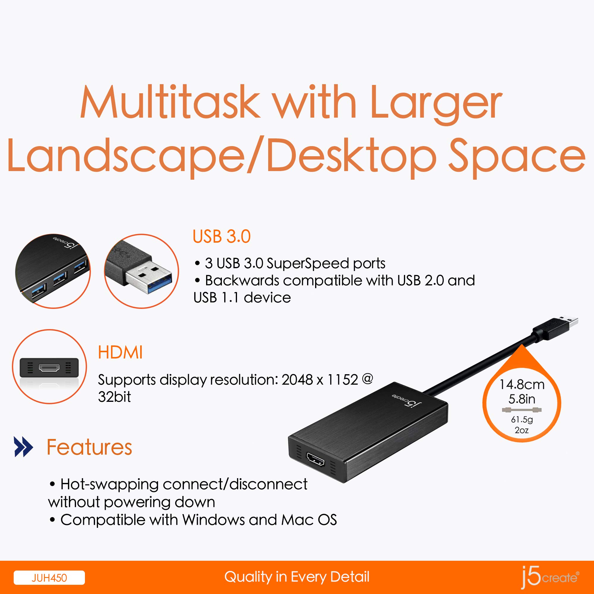 j5create Adattatore multiplo USB 3.0 - HDMI 1080p 2048 x 1152 @ 32bit | Hub USB 3.0 a 3 porte | USB 3.0 SuperSpeed | Compatibile con dispositivi USB 2.0/1.1 | Compatibile con Windows e Mac (JUH450)