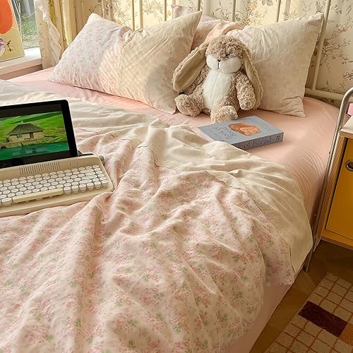 Miniatura 4 de Juego de funda de edredón floral rosa, tamaño matrimonial, con ribete de encaje blanco, tamaño matrimonial, estilo bohemio, de microfibra lavada