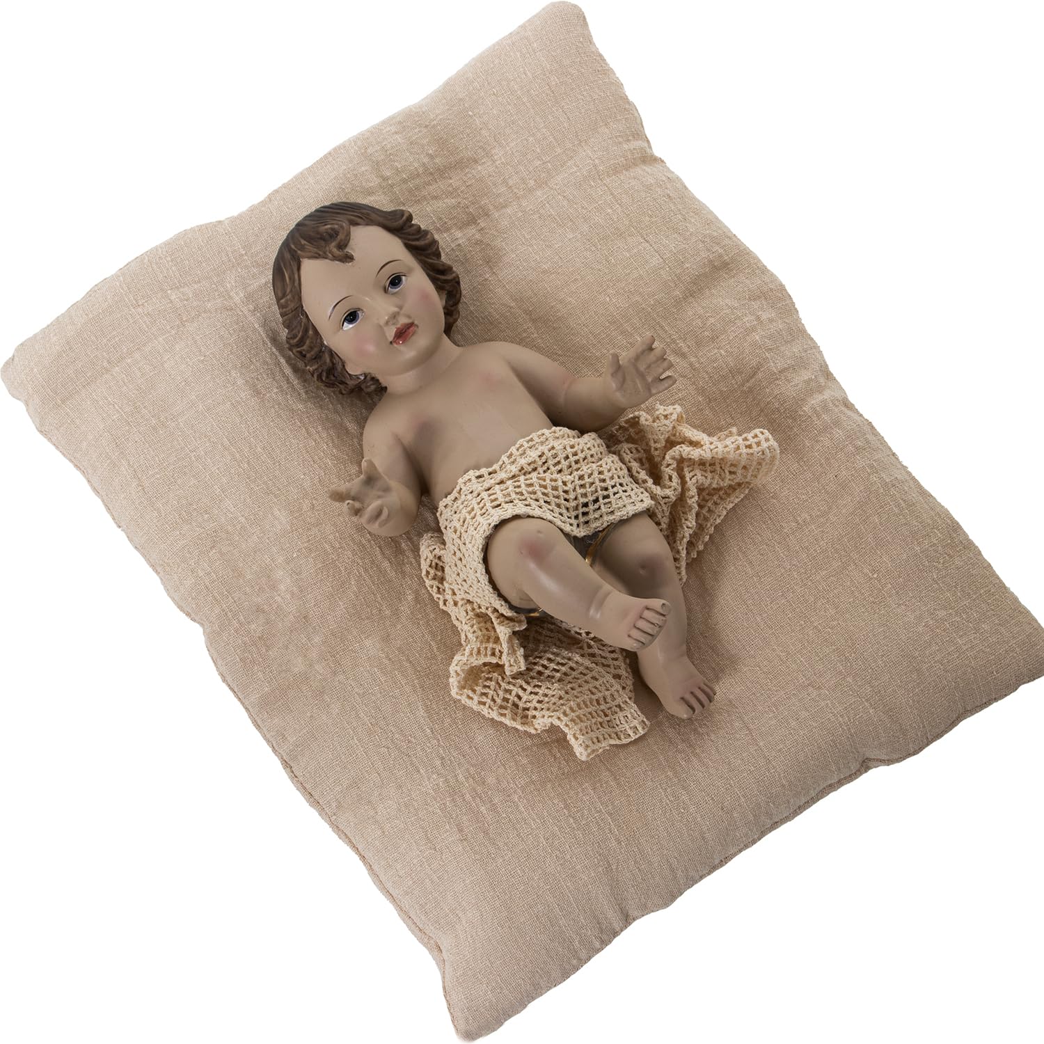 Enfant Jésus en résine avec coussin beige pour votre décoration de table de Noël