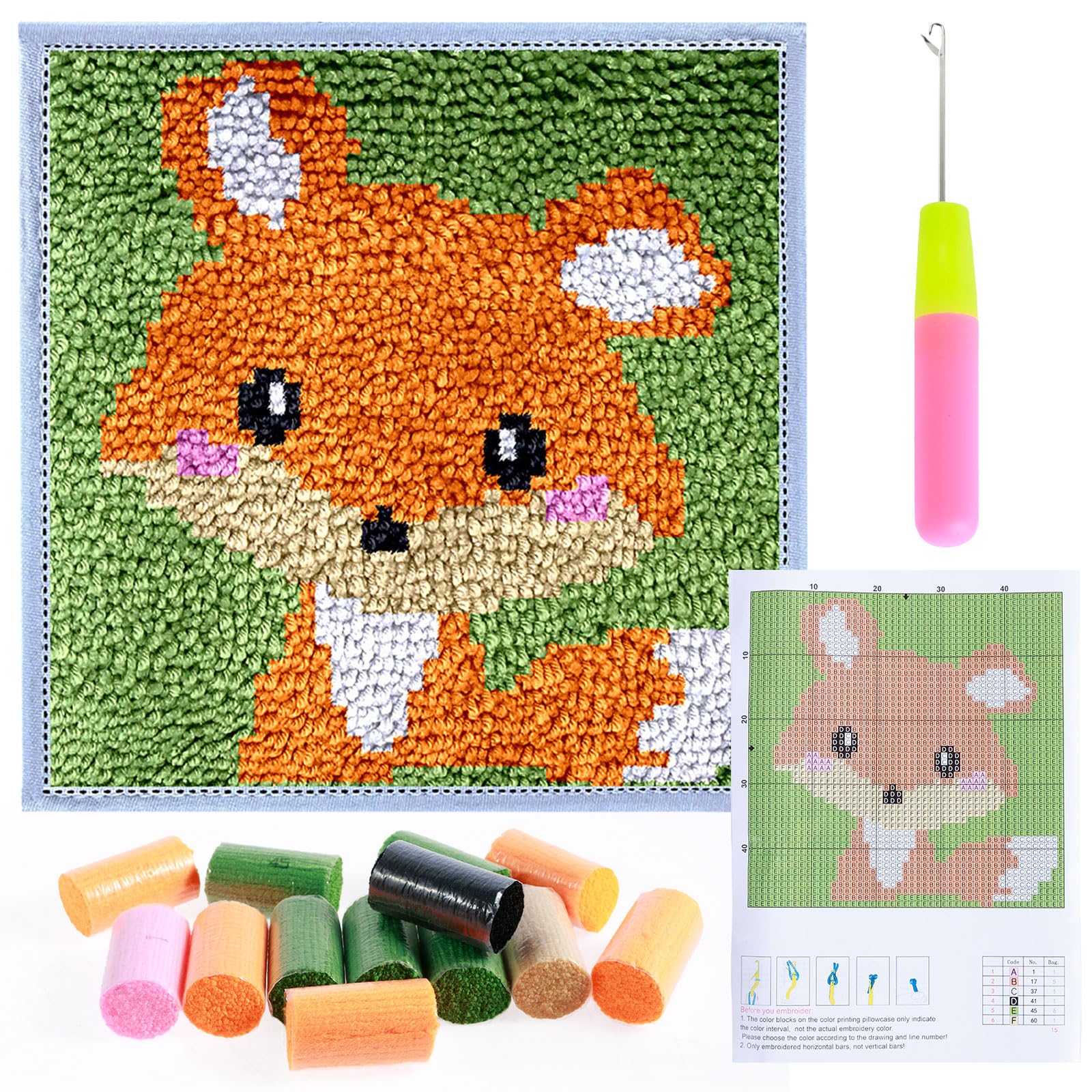 Latch Hook Kits for Adults Beginners, 30x30cm DIY Craft Rug Sewing Set with Pre-Printed Pattern, Creative Animal Embroidery Carpet Set Sofa Cushion Cover Home Decor Gifts for Family Friends (Fox)