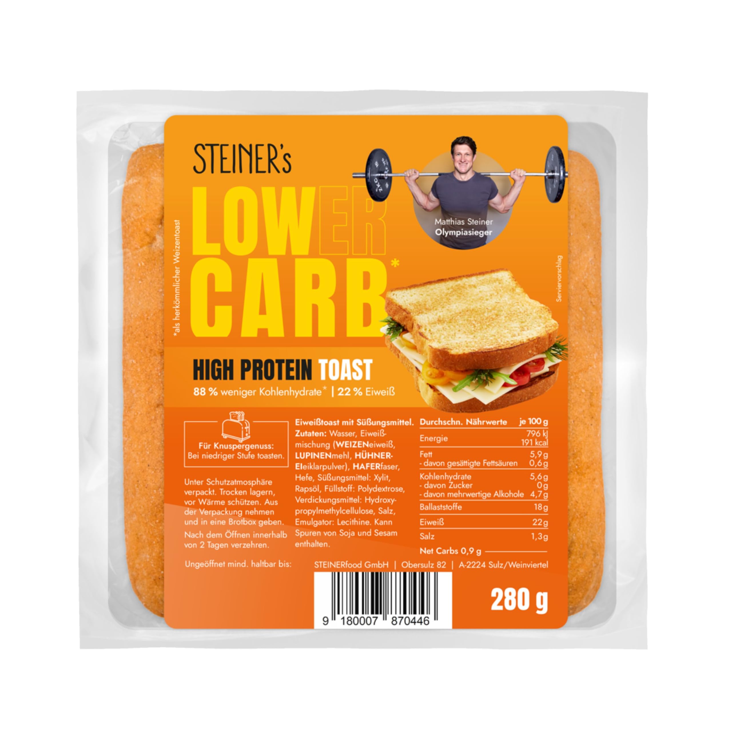 STEINER´s Low Carb High Protein Toast | 88% weniger Kohlenhydrate | high protein | nur 0,9g Net-Carbs | 22g Eiweiß (280g)