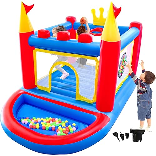 Inflatable Bounce House with Blower, PVC Bouncer for Kids Ages 3-8, Indoor and Outdoor Bouncy Playhouse, Jumping Castle with Ball Pit, Basketball Hoop, Ringtoss and Target Game