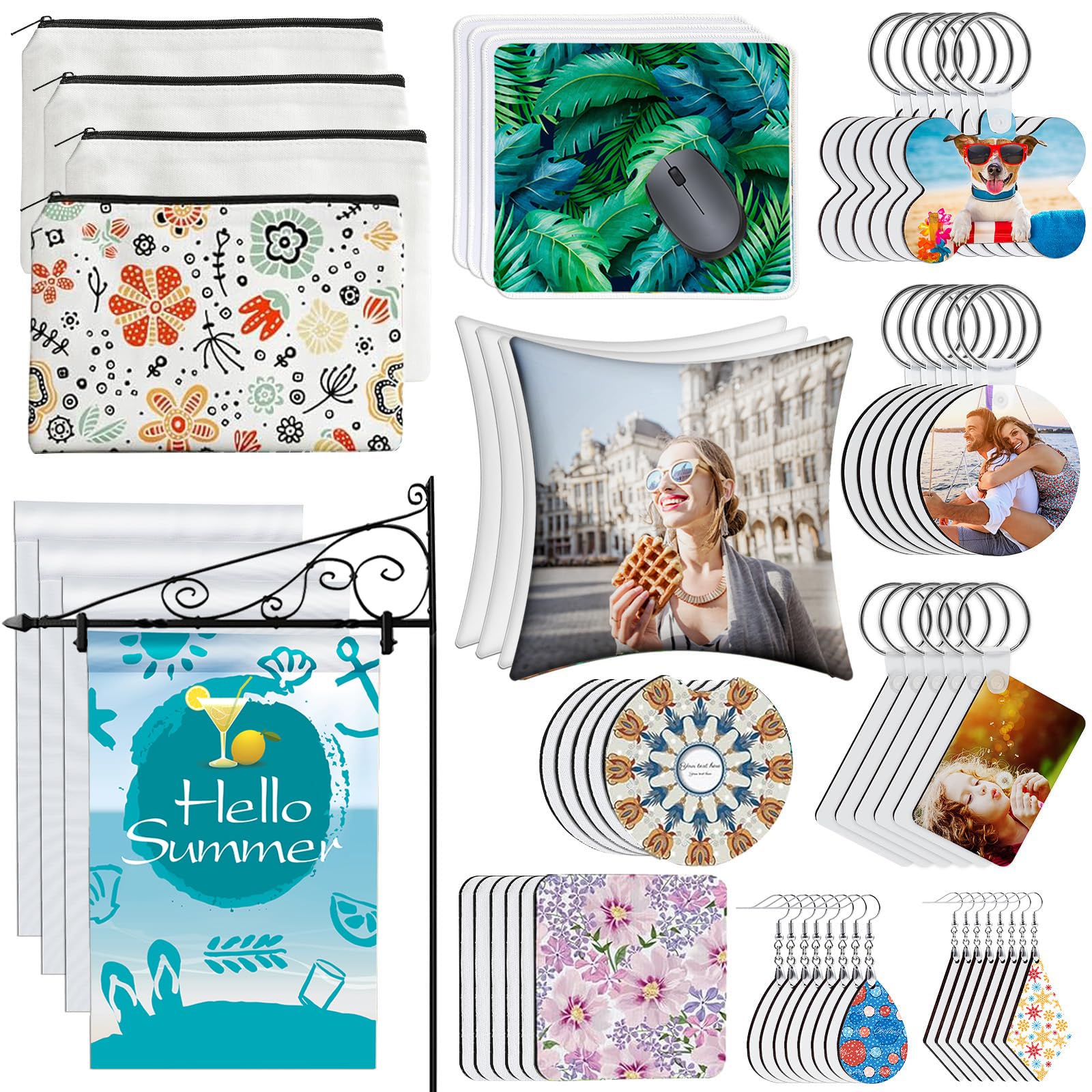114Pcs Sublimation Blanks Products, Sublimation Blanks Set Including DIY Blank Makeup Bag, Keychain, Earring, Pillow Cover, Mouse Pad, Coaster, Garden Flag for Sublimation Transfer Heat Transfer Craft