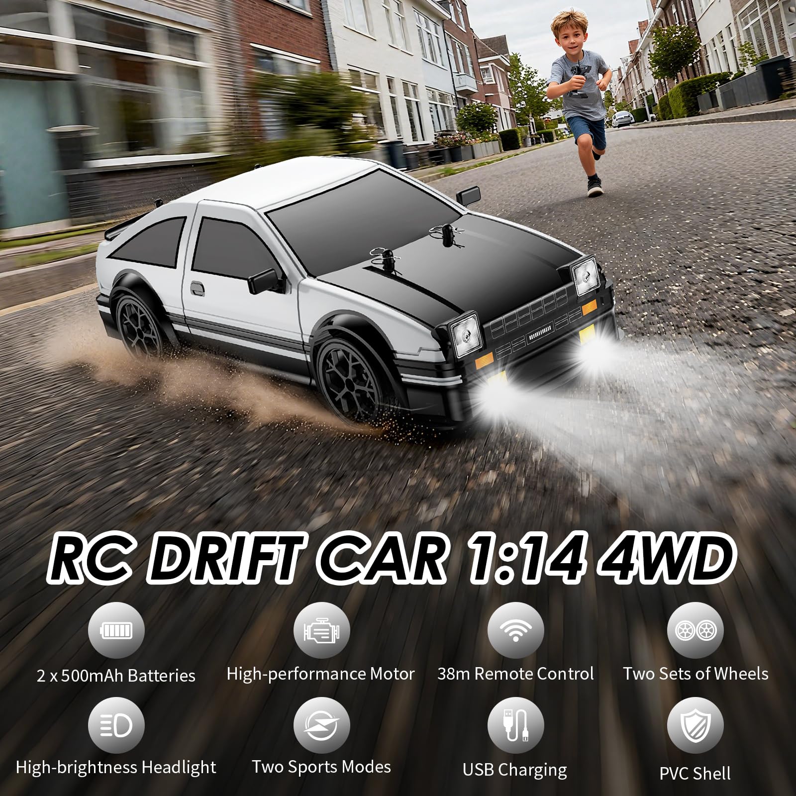 ReinbowRiff 1:14 RC Drift Car, 4WD 2.4GHz Drift Remote Control Car (28KM/H), RTR with LED Lights - Image 3