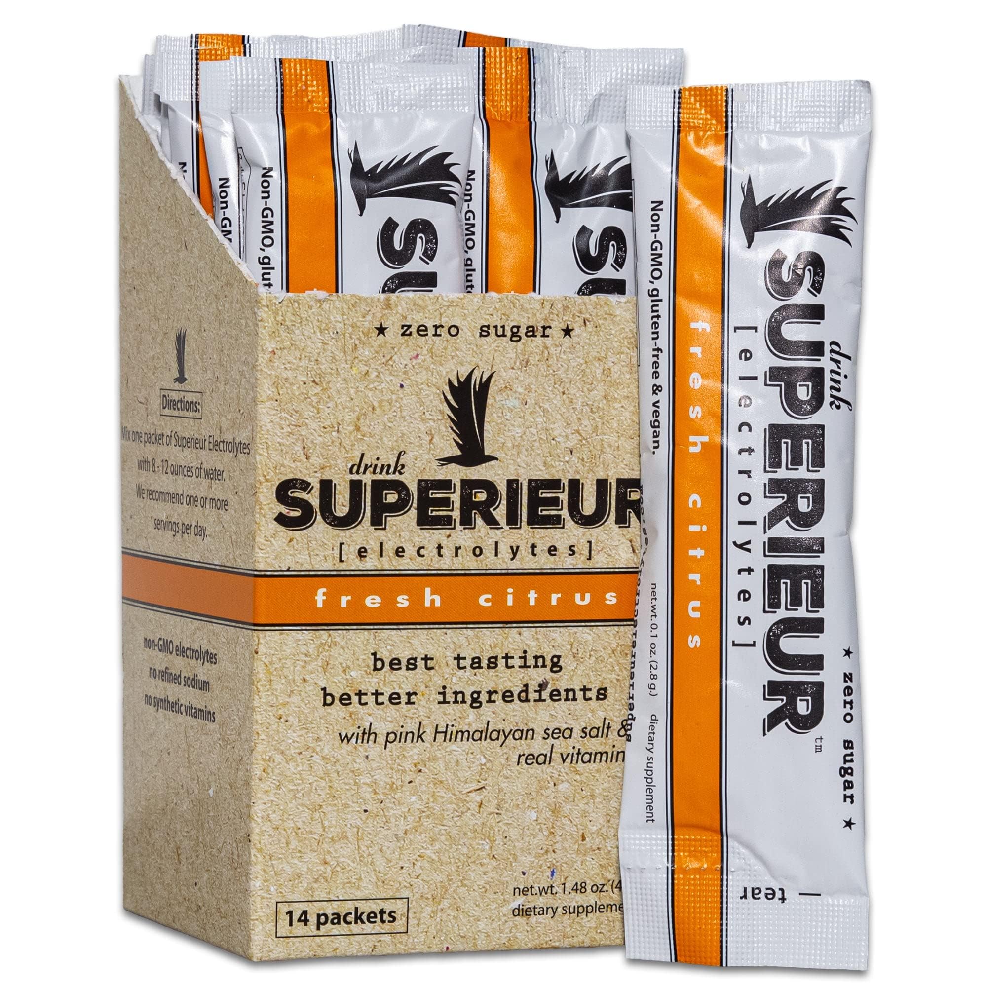 Superieur Electrolyte Powder Packets - Vegan Electrolyte Hydration Powder w/Sea Minerals - Keto Friendly, Non-GMO, Zero Sugar Electrolyte Supplement - Healthy Sports Drink - Citrus (14 Packets)