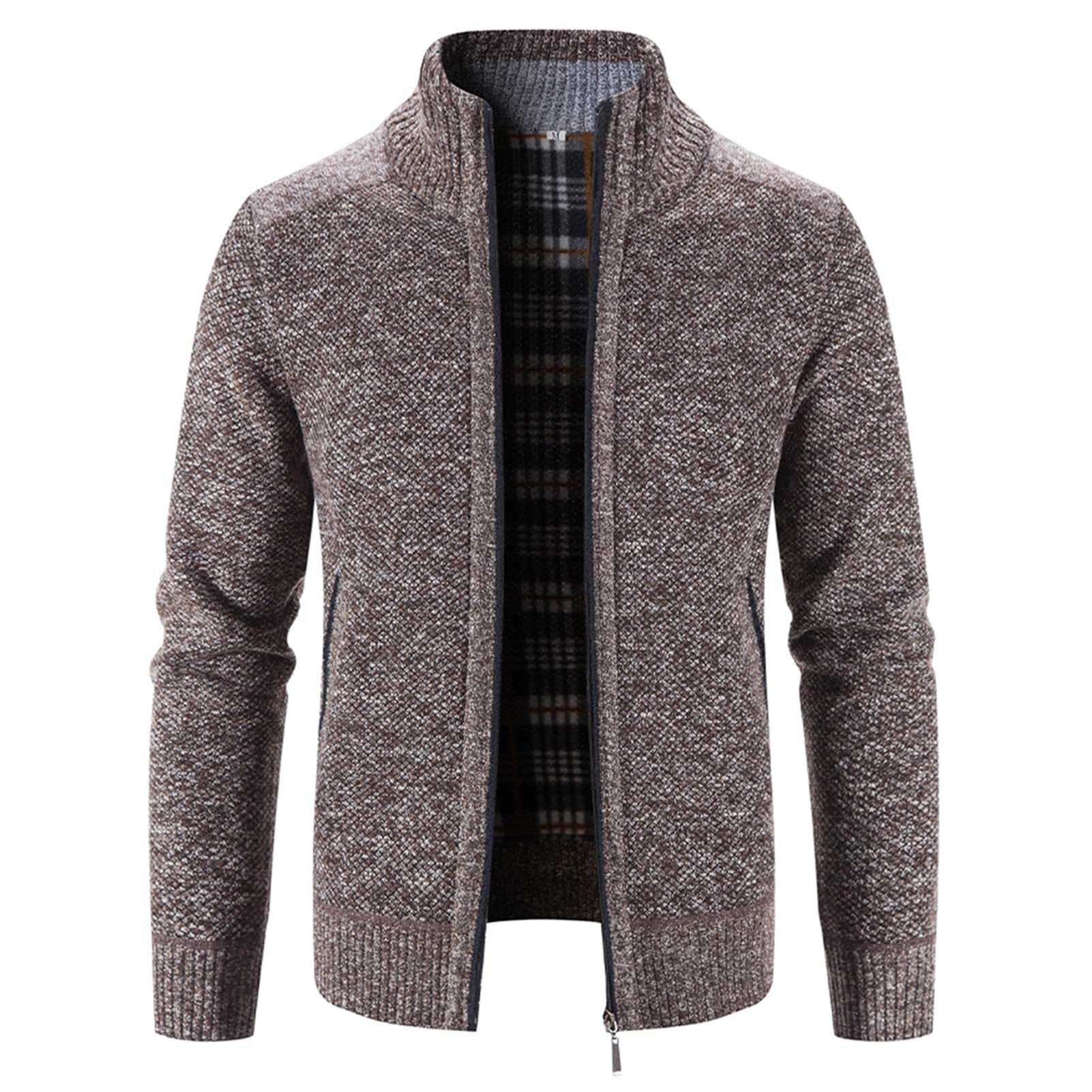 Men's Full Zip Up Cardigan Sweaters Regular Fit Flannel Lining Knitted Cardigans Zipper Thick Knit Sweater Coat (Brown,Large)