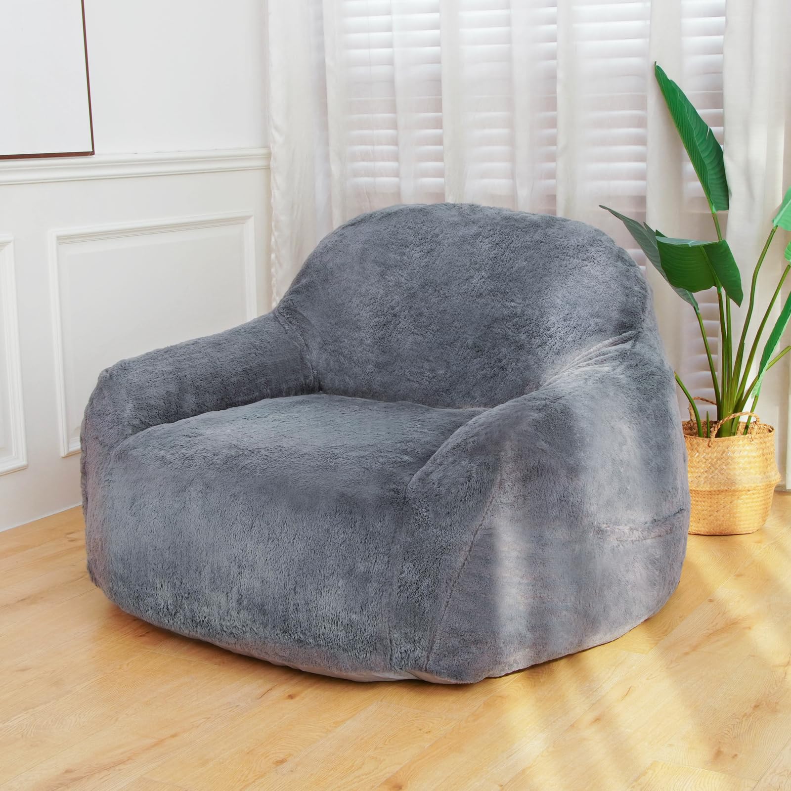 FAREYY Giant Bean Bag Chair with Armrests, Oversized Bean Bag Couch for Adults and Kids, Faux Fur Comfy Large Chair with Filler, Stuffed Lounge Floor Boneless Chair for Living Room, Light Gray