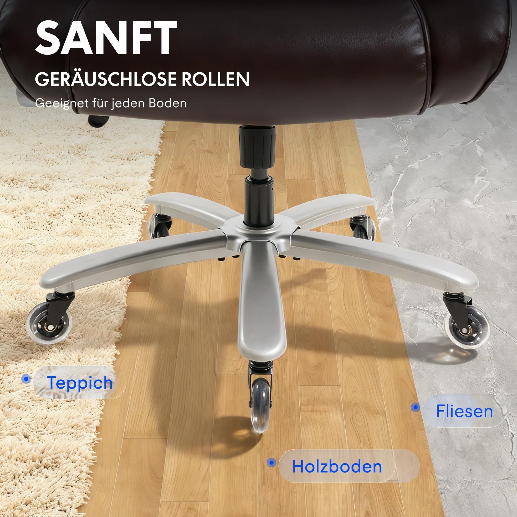 FLEXISPOT Ergonomischer Chefsessel bis 300 kg Bürostuhl für große Personen, mit dynamischer Lendenwirbelstütze, 2D-Armlehnen und Grummirollen, großer Gaming- und Arbeitsstuhl, Kunstleder, Braun