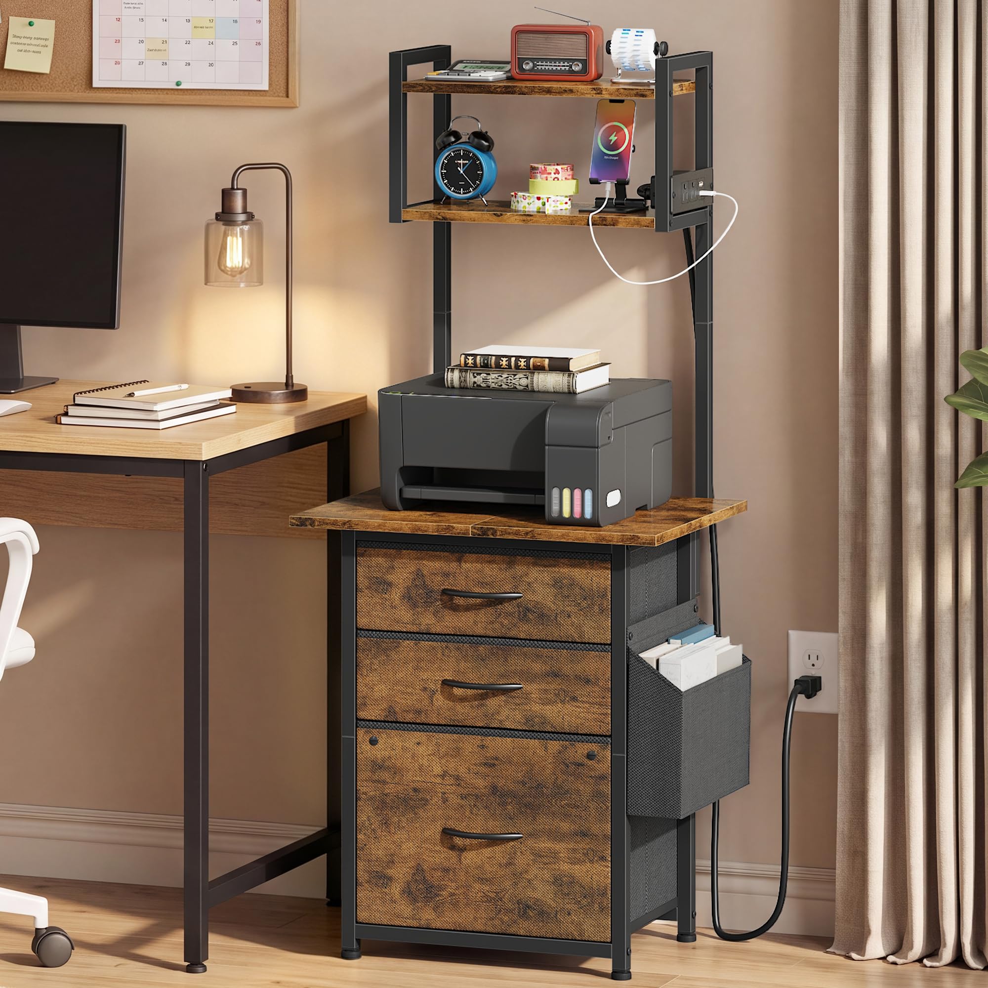 HIGDBFE 3 Drawer File Cabinet with Charging Station, 49''H Tall, 3-Tier Small Filing Cabinet for Home Office, 20''*15'' for Small Printer, Fabric Drawer, Printer Stand, Rustic Brown Rustic Brown 49''