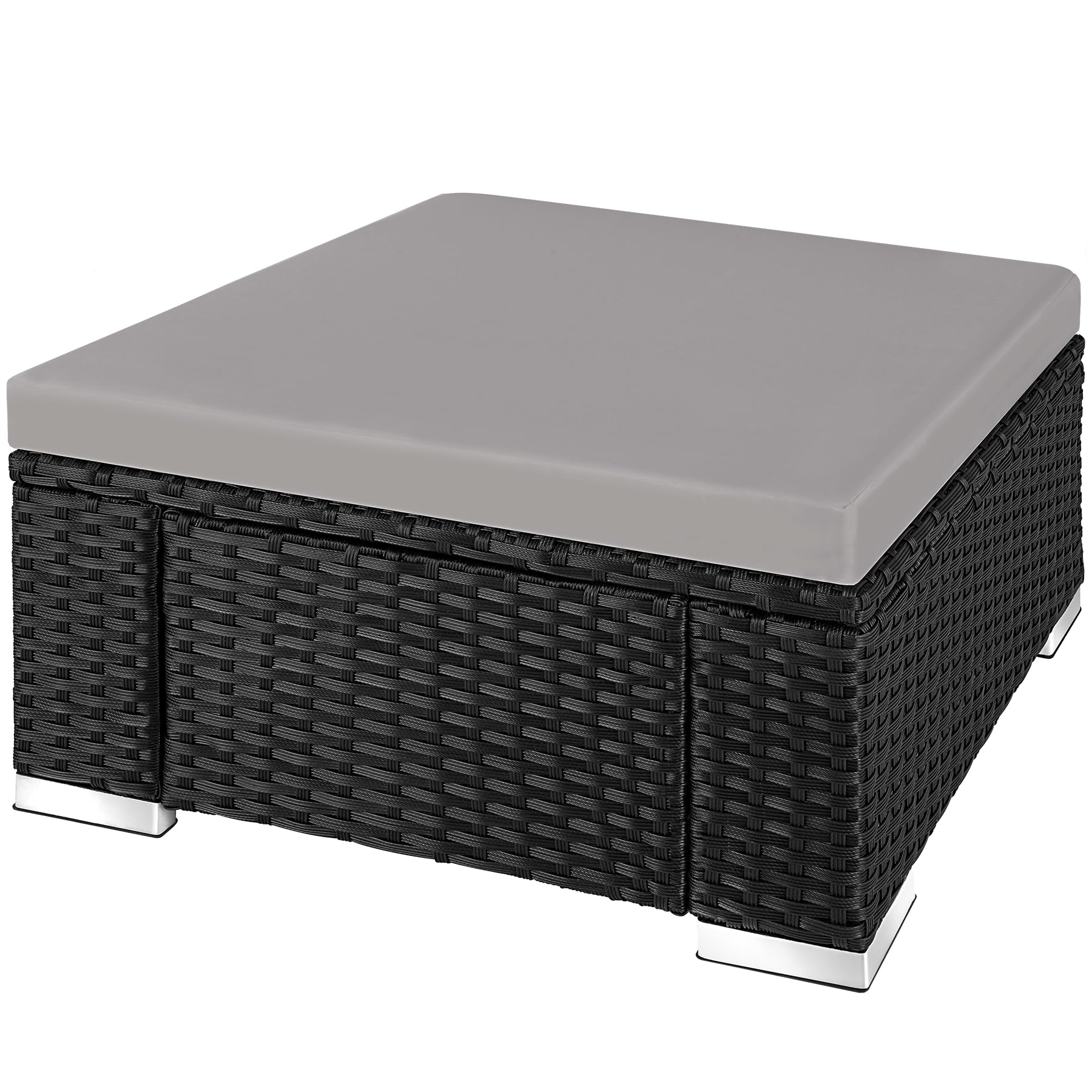 TecTake® Weather-Resistant Outdoor Rattan Stool with Removable Cushion, Lounge Stool, Balcony Furniture, Garden Furniture Set, Pouf Addition to Lounge, Armchair or as a Side Table - Black/Grey