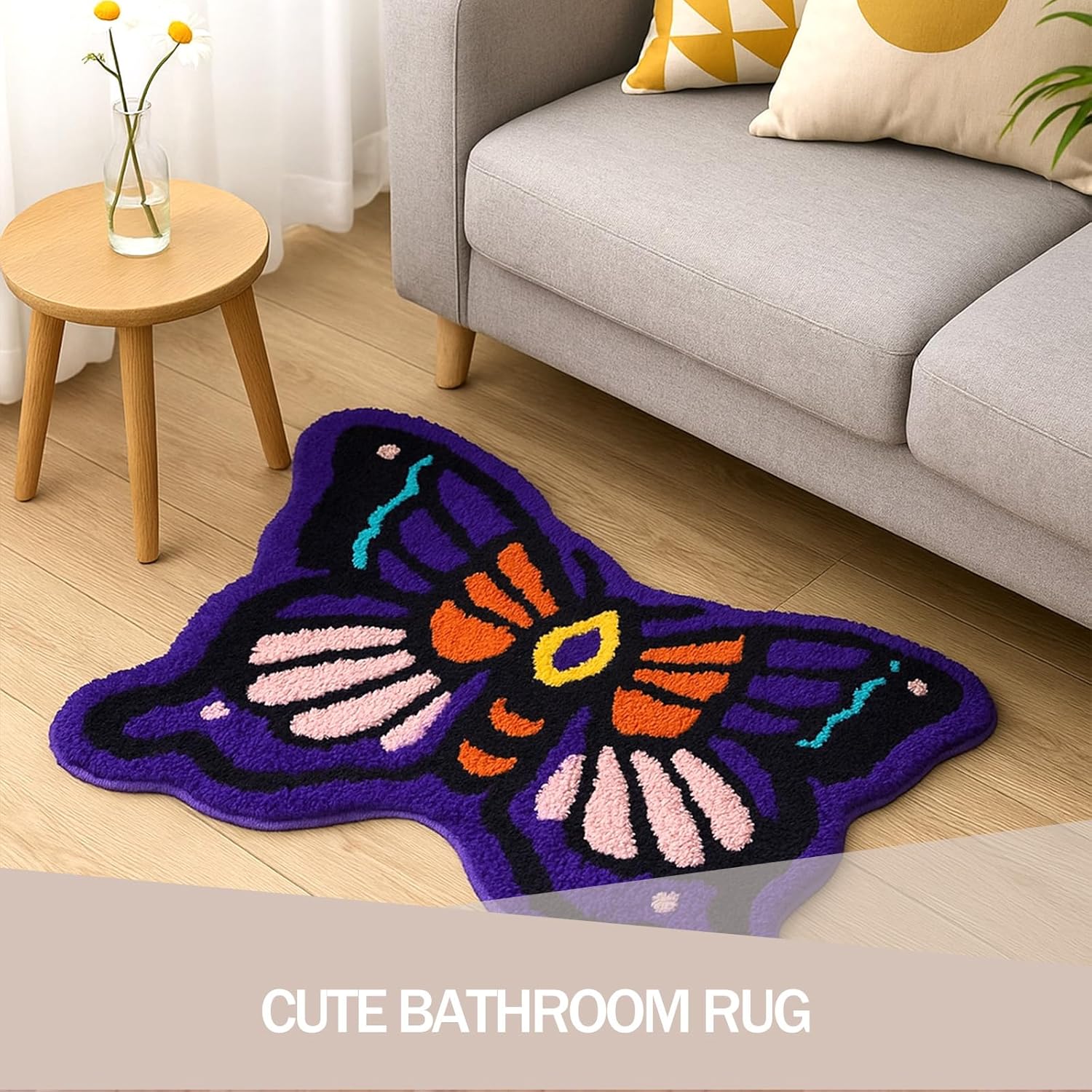 Purple Butterfly Bathroom Rug, Soft Plush Animal Tufted Bath Room Mat, Non-Slip & Machine Washable, Absorbent & Quick Dry Floor Door Mat Home Decor for Shower, Tub and Sink, 19.7"x29.5"