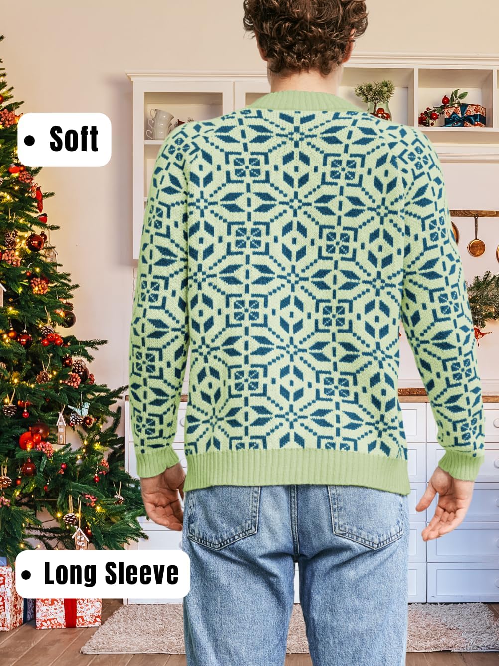 Men's Nordic Snowflake Chunky Sweater, Mock Neck Knit Pullover for Winter & Holiday Season - Image 4