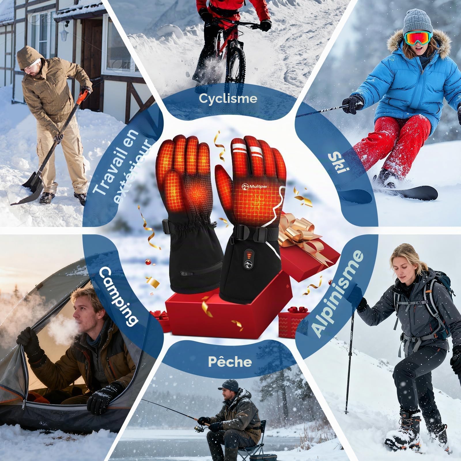 Multper Gants Chauffants Hommes Femmes, Gant Chauffant avec 7.4V 3000mAh × 2, 3 Niveaux de Chauffage, Imperméables, Écran Tactile, Gant Moto, Gant Hiver pour Hiver, Ski, Randonnée, Cadeau Homme
