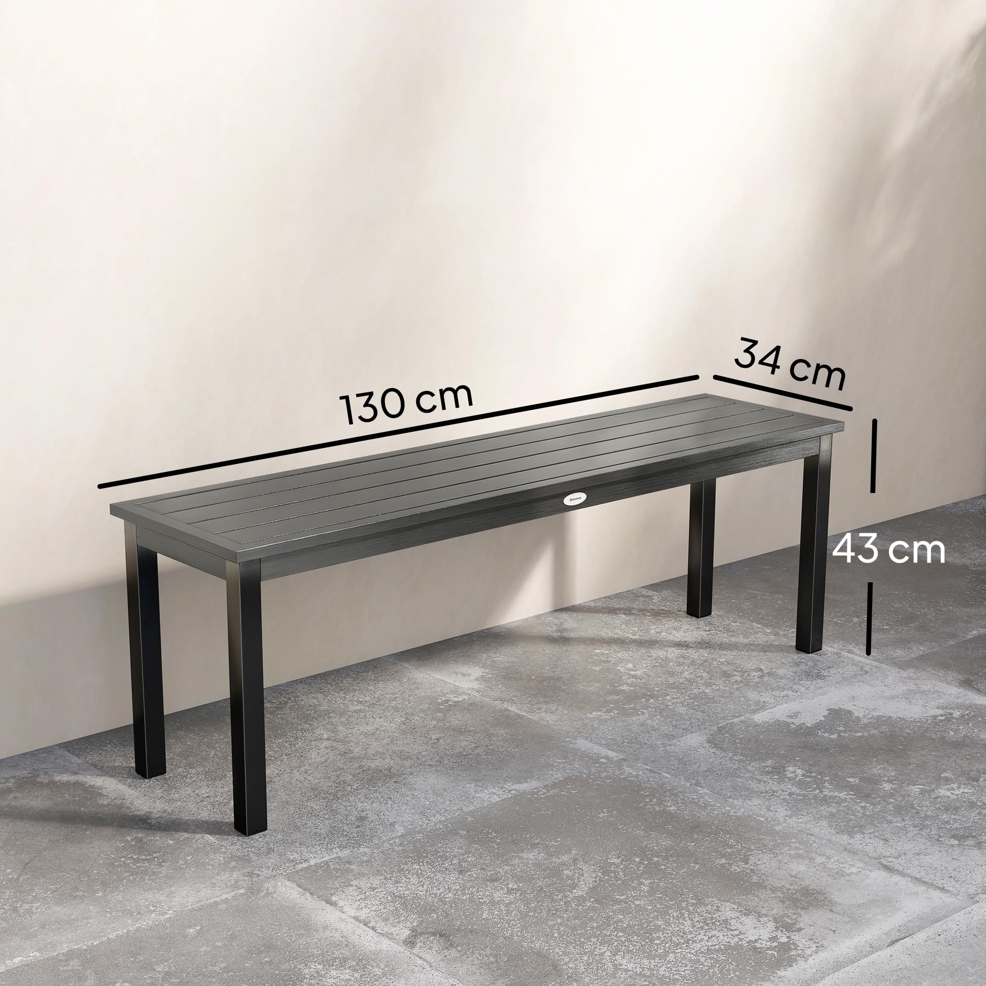 Outsunny - Banco de jardín de metal, banco exterior de 2 plazas con asiento de madera, sin respaldo, banco de jardín, marco de acero para patio, balcón, parque, capacidad 240 kg, 130 x 34 x 43 cm