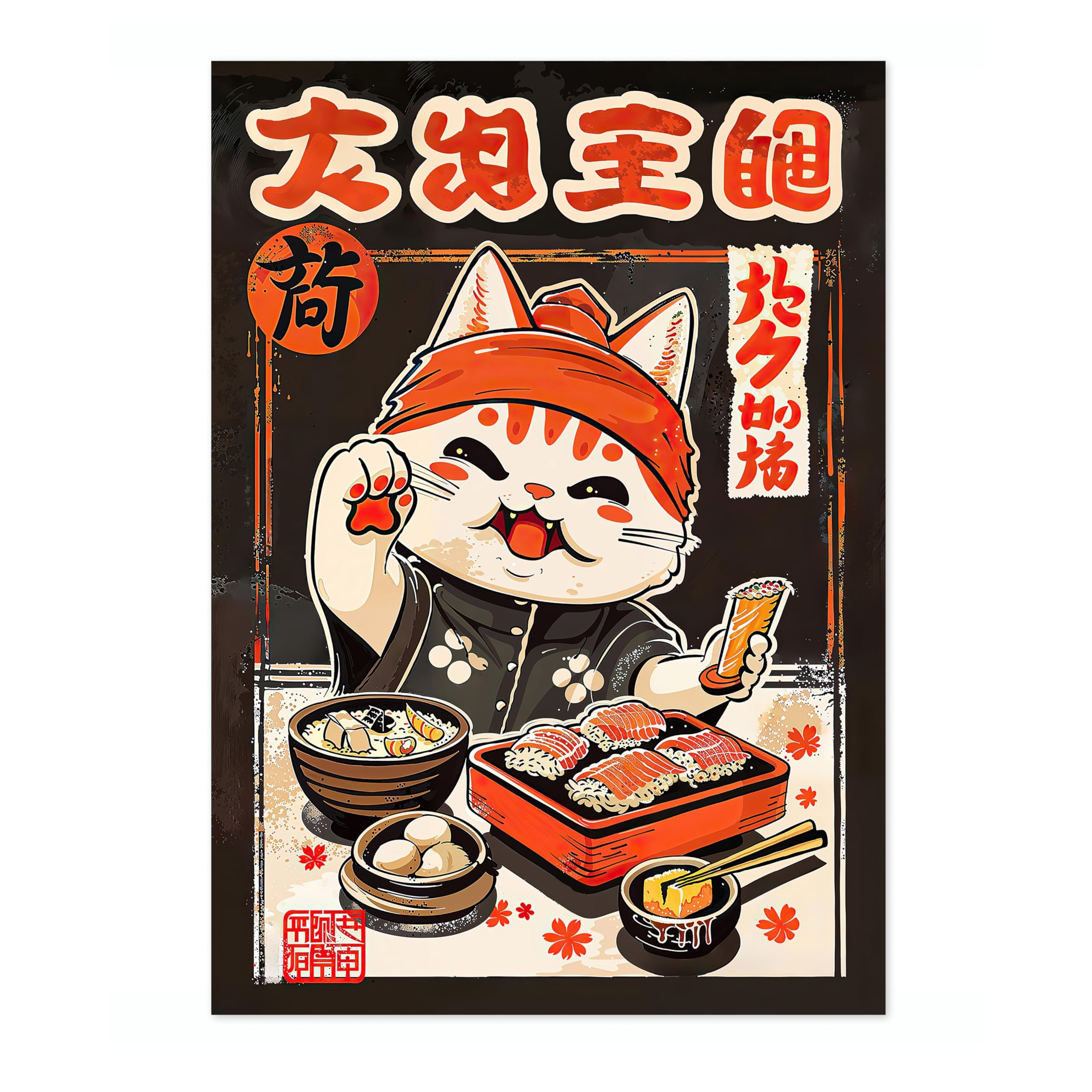 Maneki-Neko Sushi Cat Anime Woodblock Poster Modern Woodblock Print, Cartoon Manga Kitten Wall Art Decor, Modern Japanese, Cat Lovers, A3 (Print Only) - 42x29.7cm