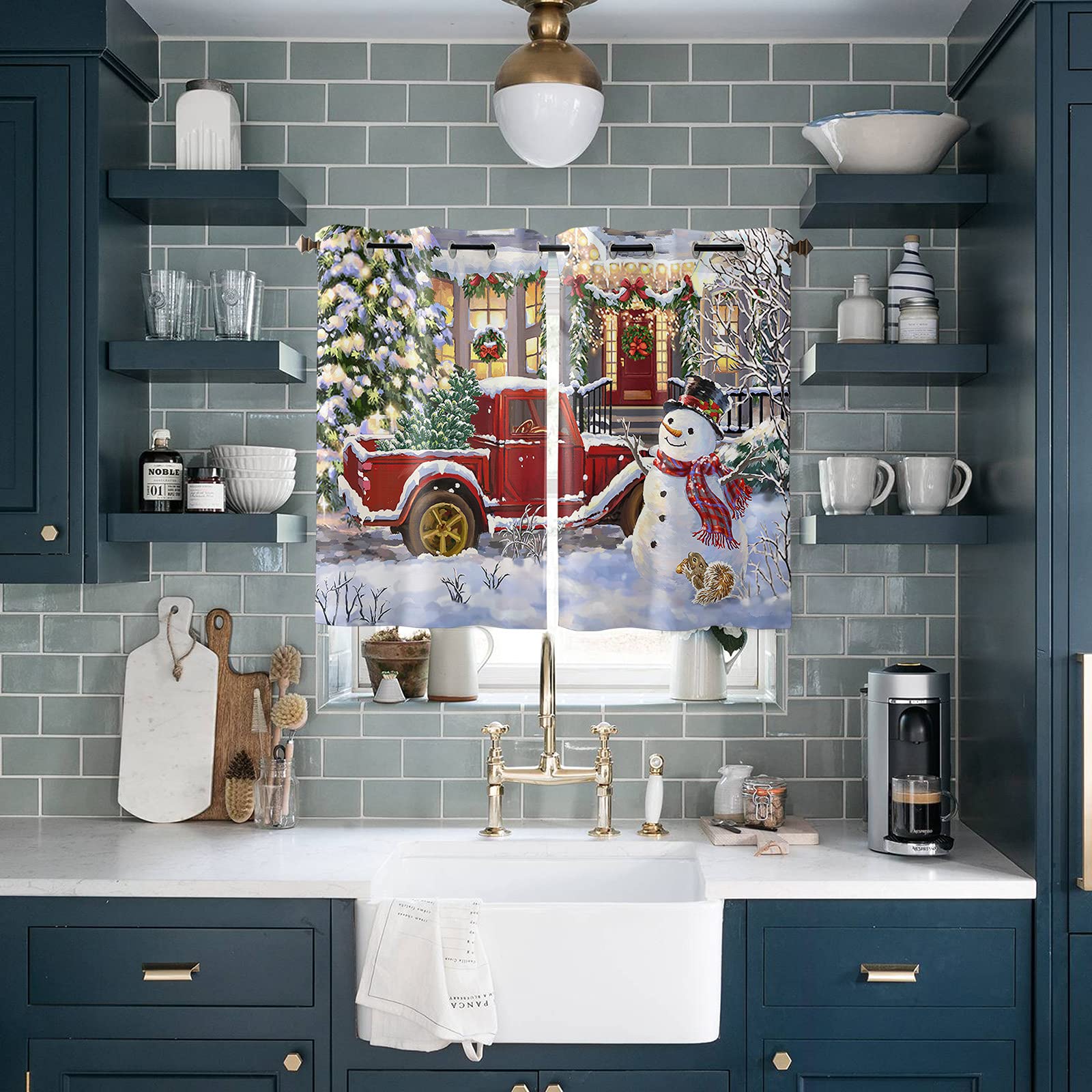 Christmas Curtains Panels for Bedroom Happy Snowman Red Truck Load Xmas Tree Window Curtains for Living Room Solding Glass Door - Set of 2 Panels, 80