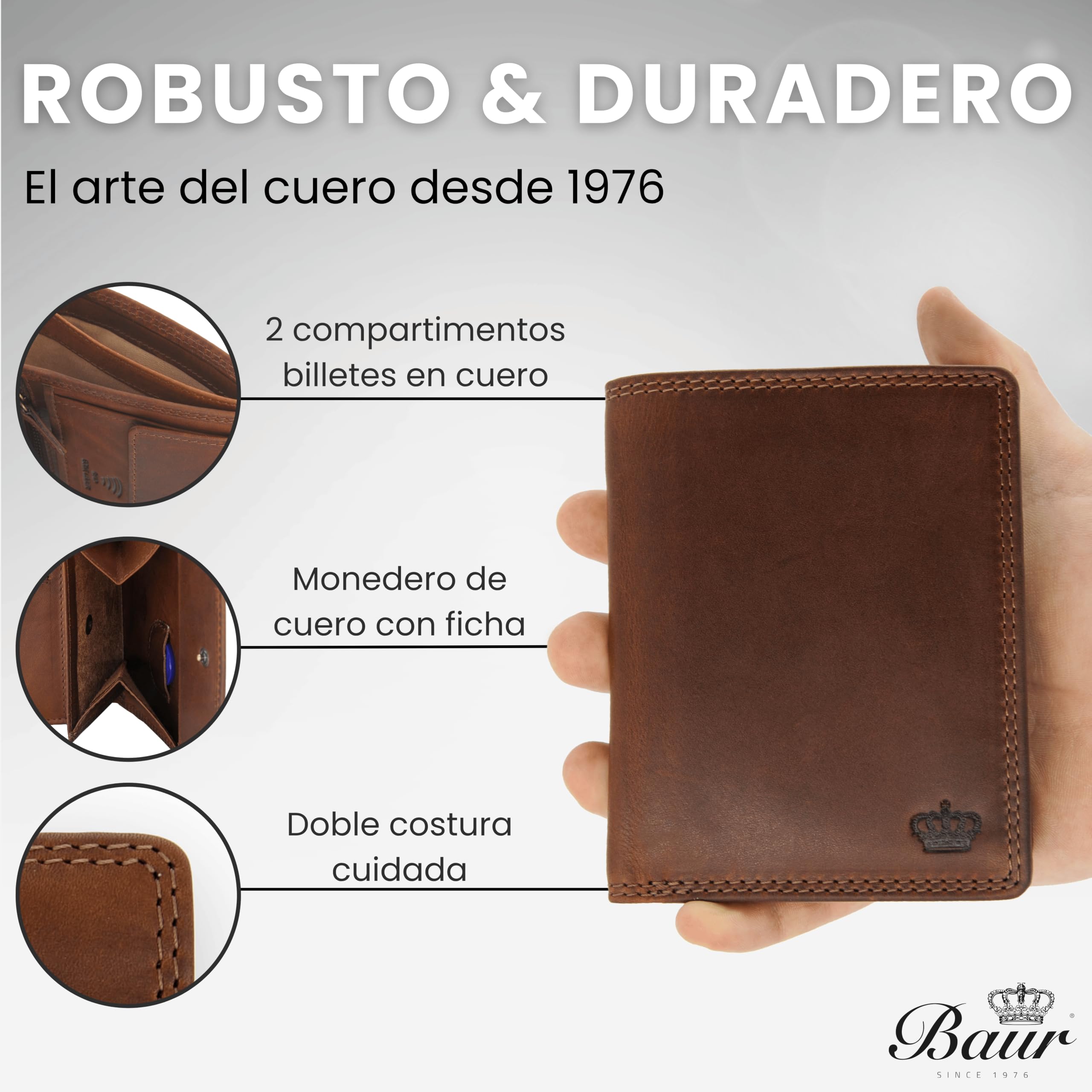 Baur - Cartera de piel auténtica para hombre, con protección RFID, marrón oscuro, 10cmx12,6cmx2cm, Clásico