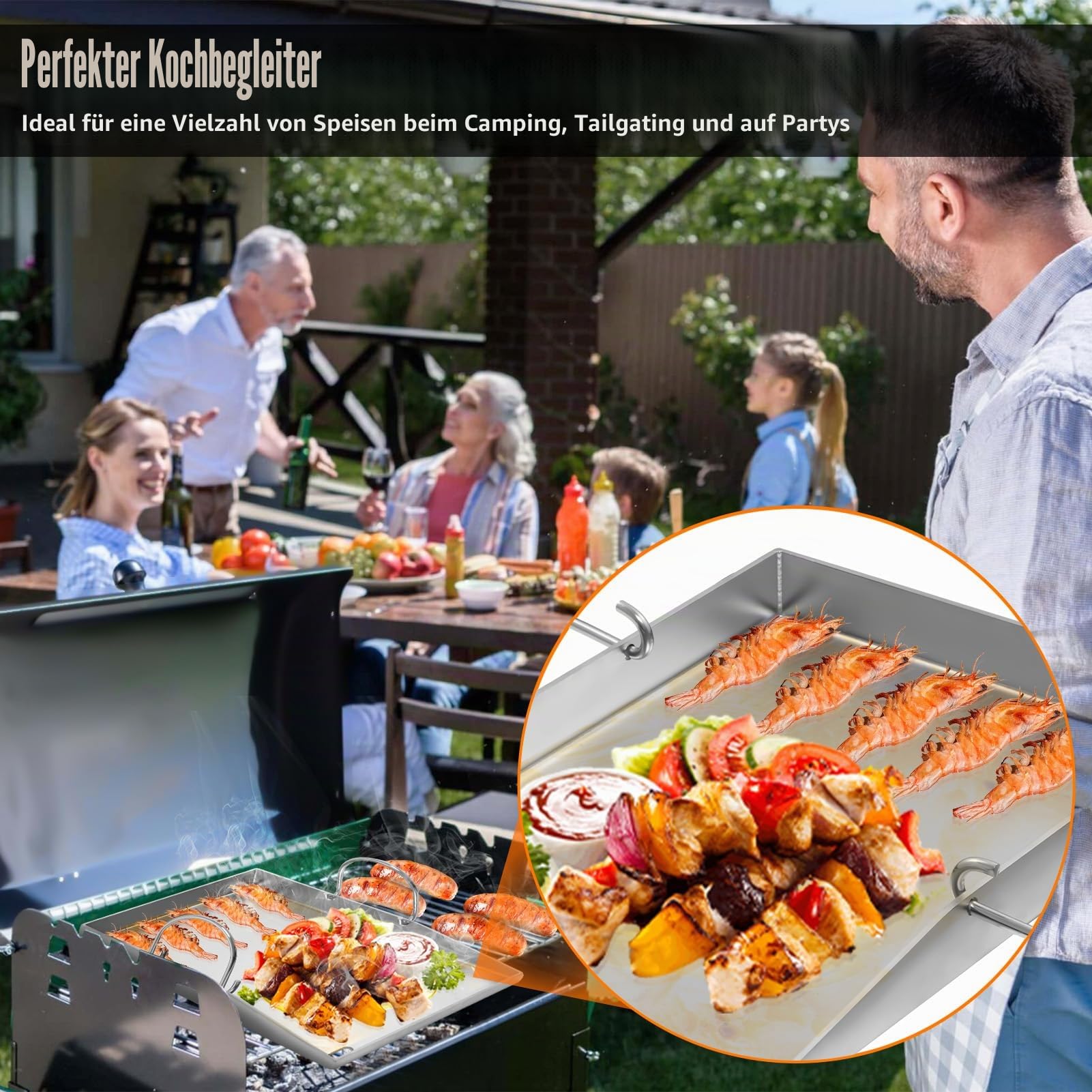 Plancha Grillplatte - 40 x 30 cm Universal Edelstahl Grillplatte für Gasgrill & Kohlegrill - Gleichmäßige Hitzeverteilung- Grill Platte mit 2 Grillspachtel & Handschuhe
