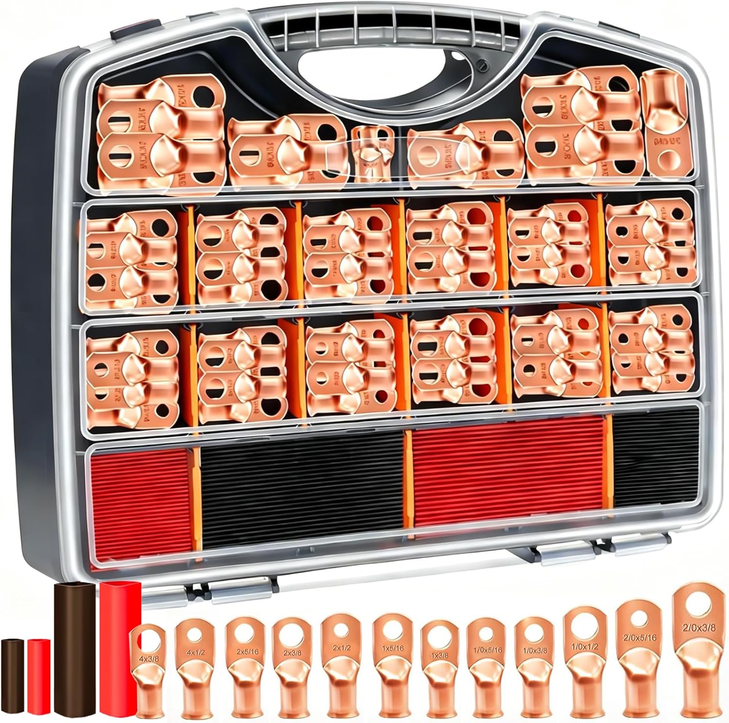 Taiss 230Pcs Copper Battery Cable Ends Kit, AWG 8 6 4 2 1 1/0 2/0 Ring Terminals,Heavy Duty Battery terminal connectors,Copper Wire Lugs High Conductivity with 3:1 Heat Shrink Tubing