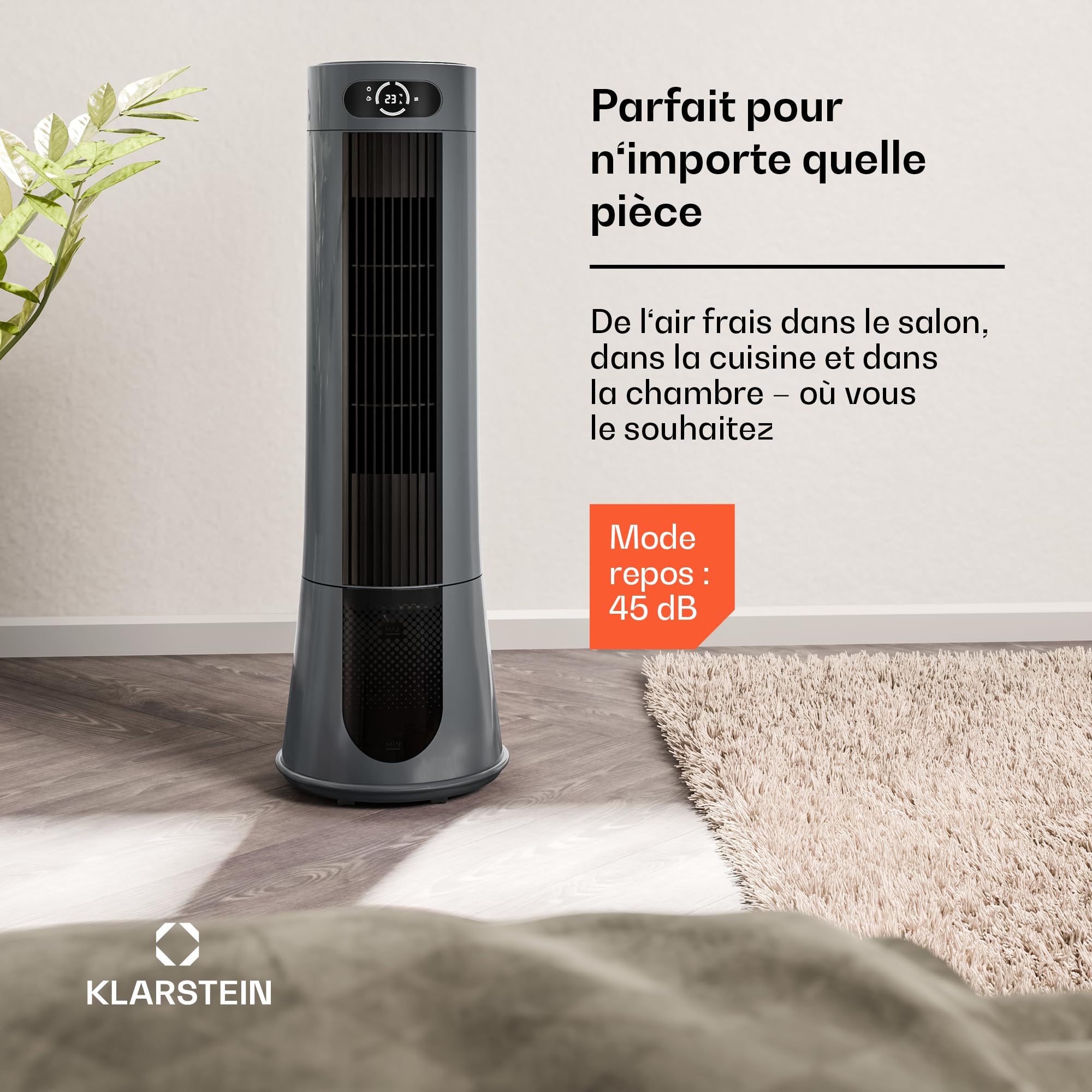 KLARSTEIN Rafraichisseur d’Air, Refroidisseur d’Air Évaporatif, 7L, Télécommande, Minuterie, Mobile, Ventilateur Climatiseur Chambre 20m², Dark Grey