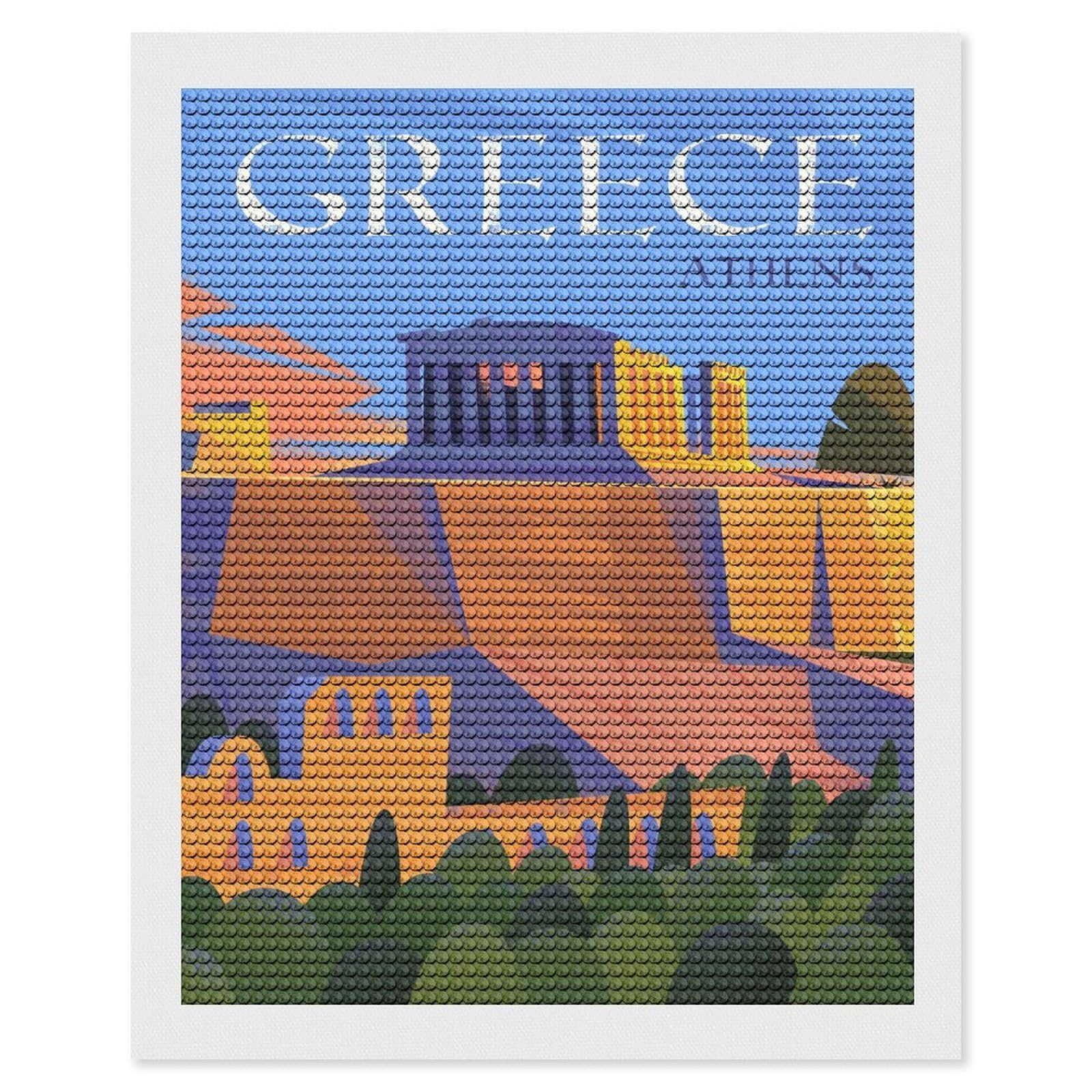 Junmoney Athens, Greece Illustration Diamond Art Canvas 16"x20", for Adults, Good for Quiet Evenings, Bedroom Decor, Festive Craft Gift, Easy to Enjoy