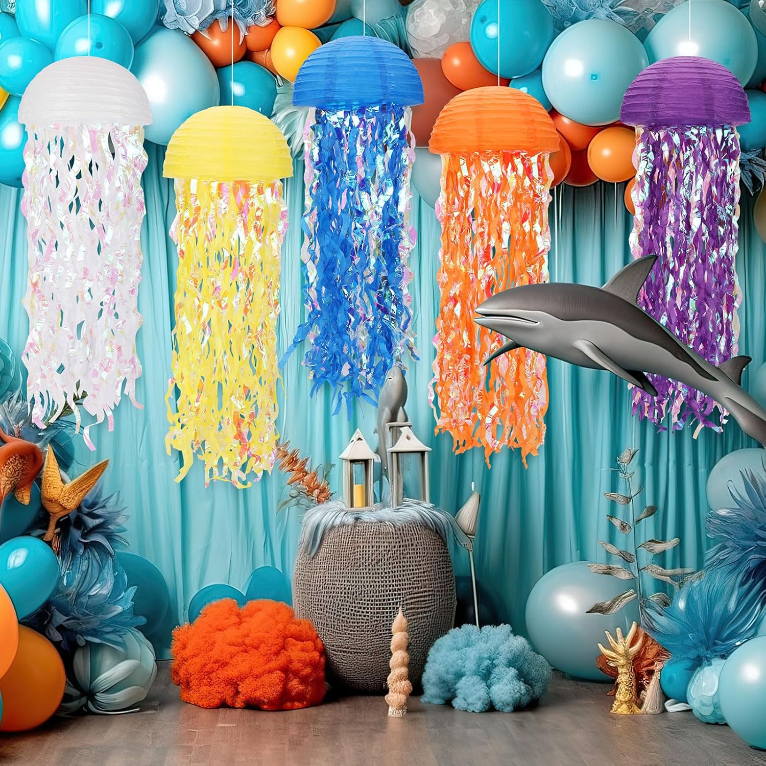 Baquler Set of 12 Jellyfish Paper Lanterns Jellyfish Lanterns Hanging Decoration for Mermaid Sea Ocean Birthday Party Decorations (Multi Colors)