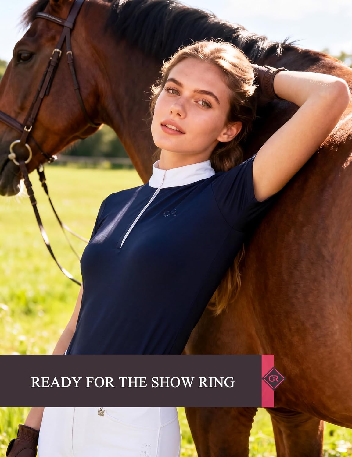 Women's Equestrian Show Shirt, Quarter Zip Short Sleeve Riding Top, Breathable Horse Riding Performance Shirt