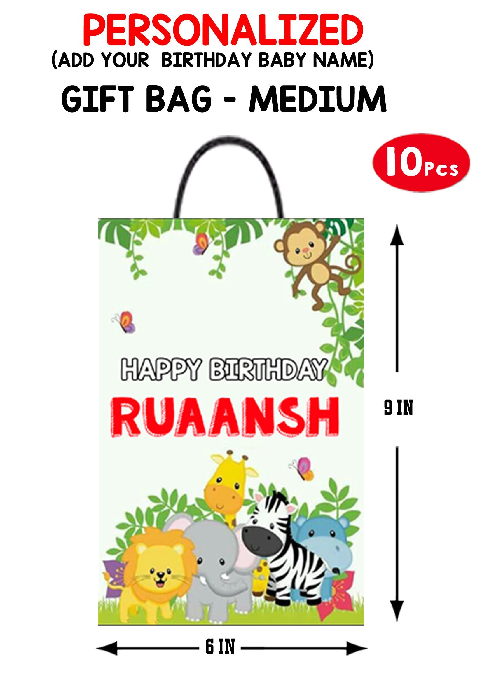 Personalized Jungle Theme Birthday Favour/Return Gift Bag With Birthday Boy/Girl Name (10 Pcs)