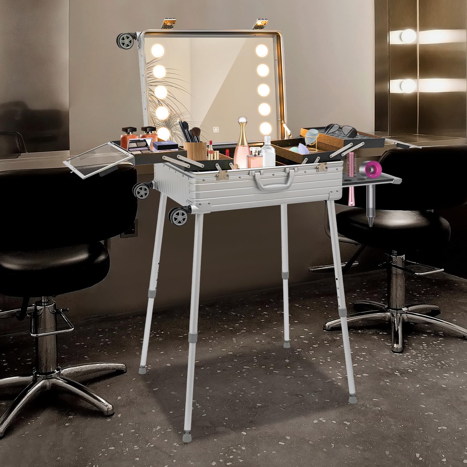 Walizka na kosmetyki 3 w 1, walizka na kółkach, 24", zamykana aluminiowa walizka na kosmetyki z rolkami, regulowanymi nogami, lustrem i oświetleniem LED, przenośny organizer do makijażu dla