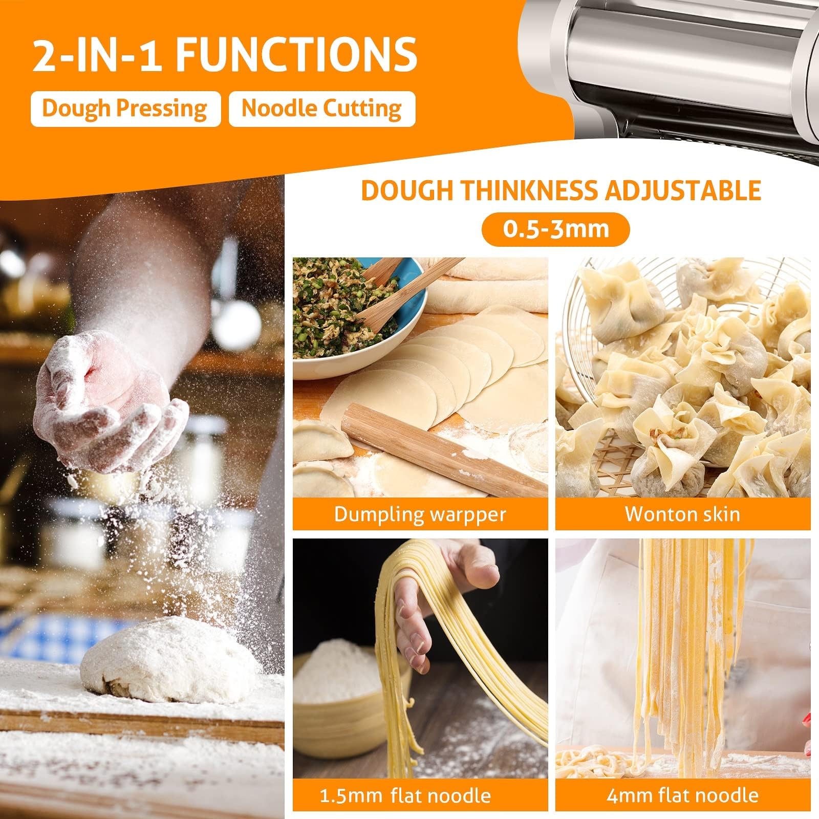 Electric Pasta Maker Machine, Pasta Dough Spaghetti Roller Noodle Pressing Machine for Home Use, Stainless Steel Automatic Noodle Machine (1.5mm flat noodle+4mm flat noodle)