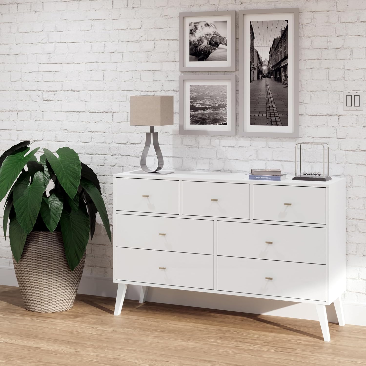 White Mid-Century Modern Double Dresser with Brass Knobs