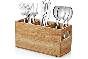 DRASTAR Acacia Wood Flatware Caddy, Silverware Utensil Organizer for Kitchen Party Cutlery Holder