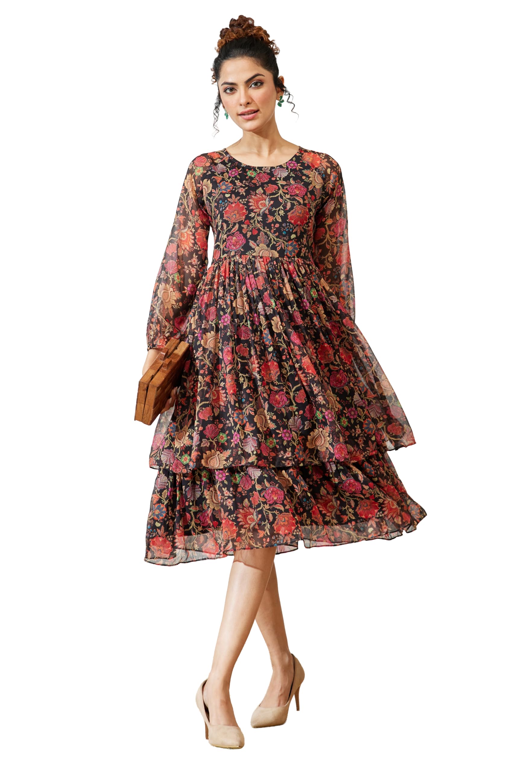 janasya Women's Black Georgette Floral Printed A-line Dress-picture-24