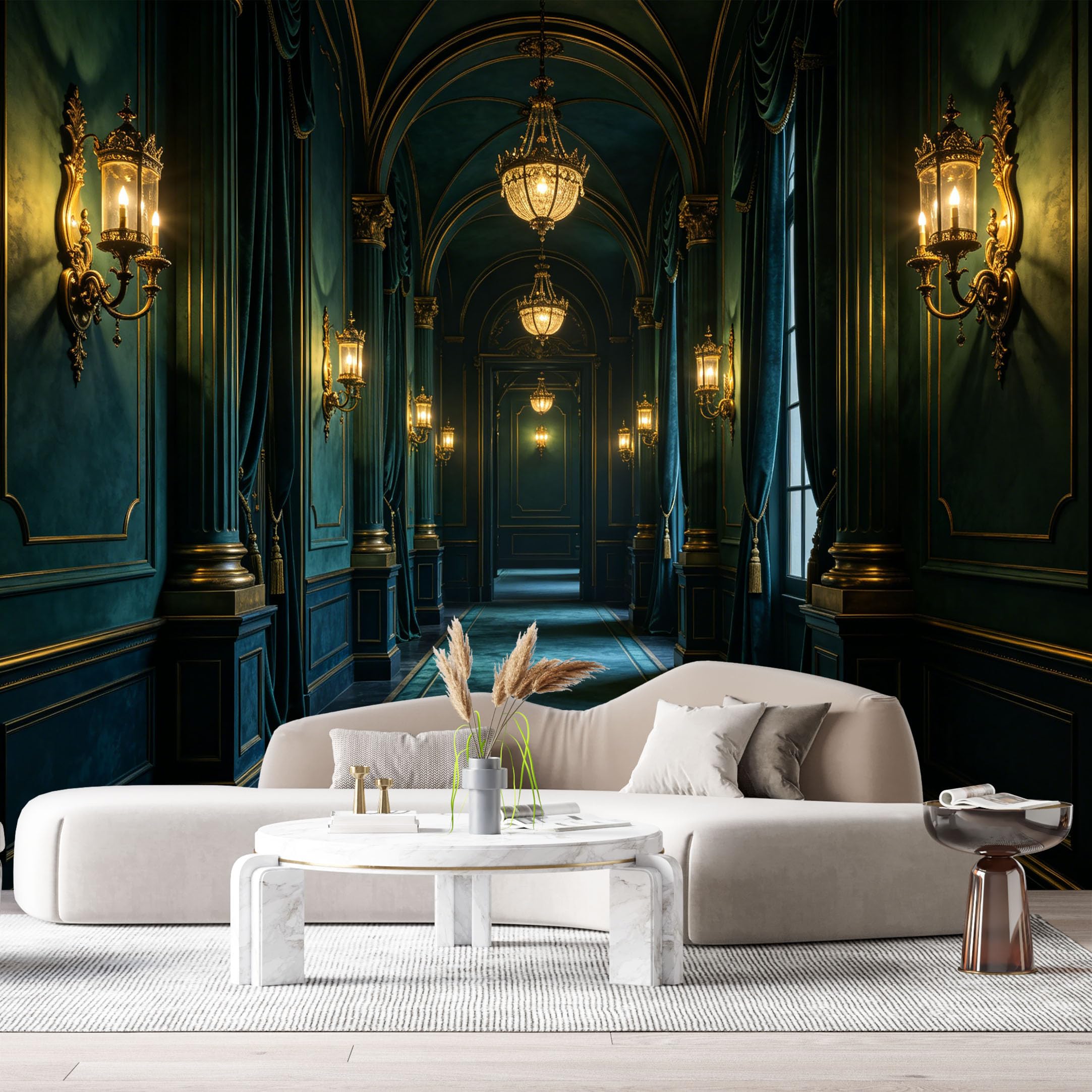 Custom Size Wall Murals Neoclassical Hallway Interior Chandeliers Gold Trim Deep Teal Drapes Vintage Architectural Style SelfAdhesive Wall Fabric Removable Large Wallpaper for Living Room