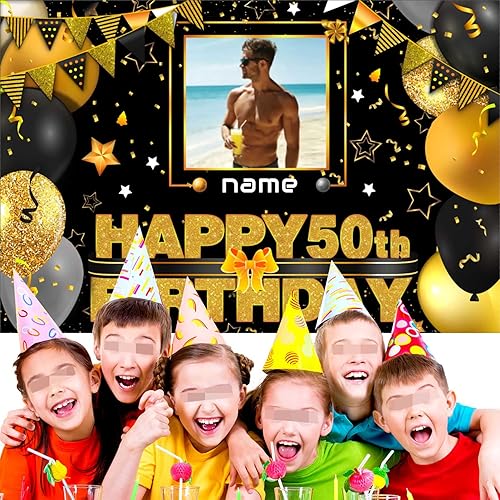 Miniatura 5 de Pancarta de decoración personalizada de feliz cumpleaños número 50  Personalización disponible  Negro y dorado  Tamaño grande  Soporta fotos y