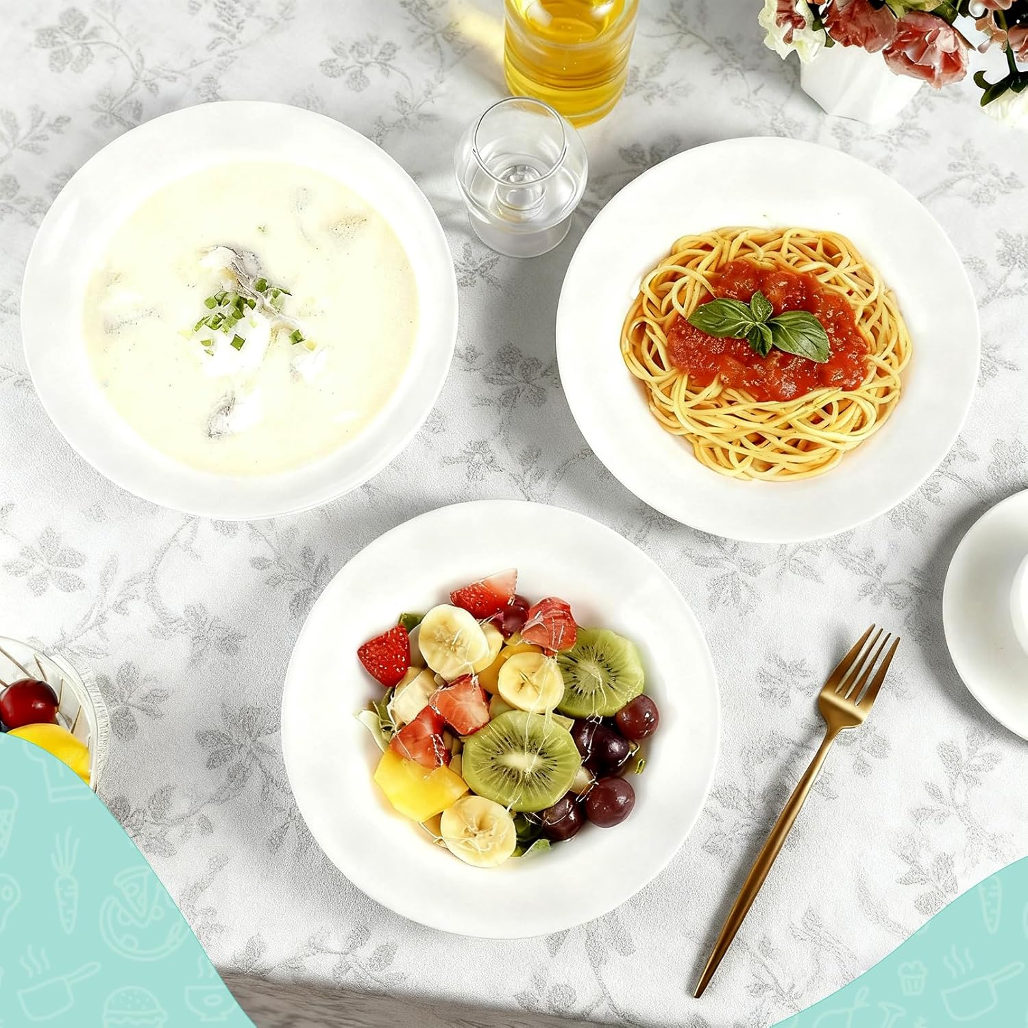 Pasta Bowls Set of 6, 9 Inch Serving Bowl, 27 oz White Porcelain Salad Bowls, Large Pasta Bowl for Soup, Kitchen, Dinner, Microwave and Dishwasher Safe