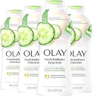 OlayBody Wash for Women, Fresh Radiance, Refreshing & Renewing, Made with Plant Based Cleansers, B3 Botanical Complex, For All Skin Types, Cucumber & Aloe Water Scent, 22 fl oz (Pack of 4)