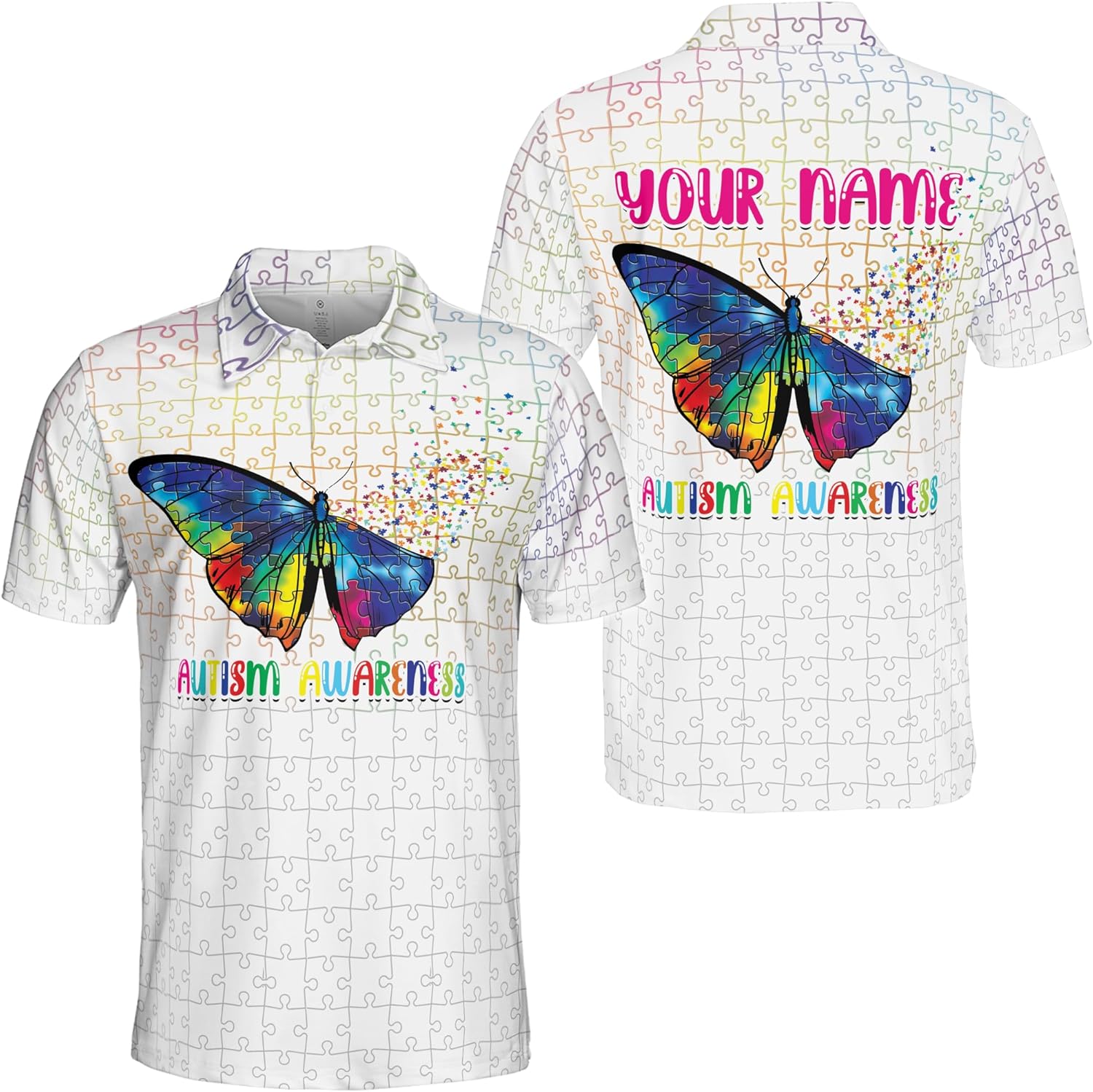ThuhaTree Store Personalized Name Autism Awareness Hearts Colorful Men & Women Polo Shirt S-5XL, Polo Autism Shirt