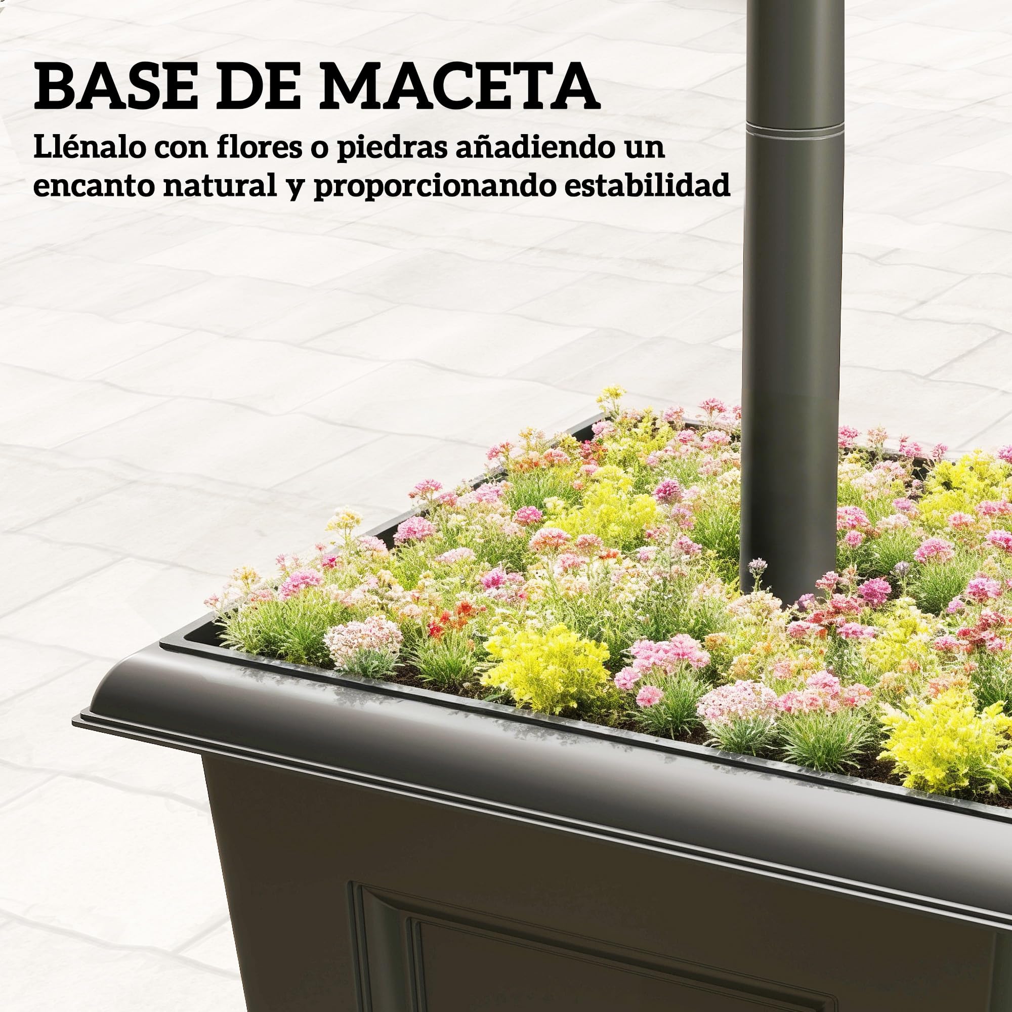 Outsunny Farola Solar Exterior de Jardín con Macetero, Luz Solar de Exterior LED, Poste de Aluminio, Impermeable IP44, Encendido/Apagado Automático, para Terraza, Patio, 33x33x160 cm, Negro