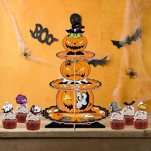 Miniatura 7 de WEEPA Soporte para cupcakes de calabaza de Halloween, 3 niveles, soporte de cartón para cupcakes, decoraciones de fiesta de Halloween, torre, postre